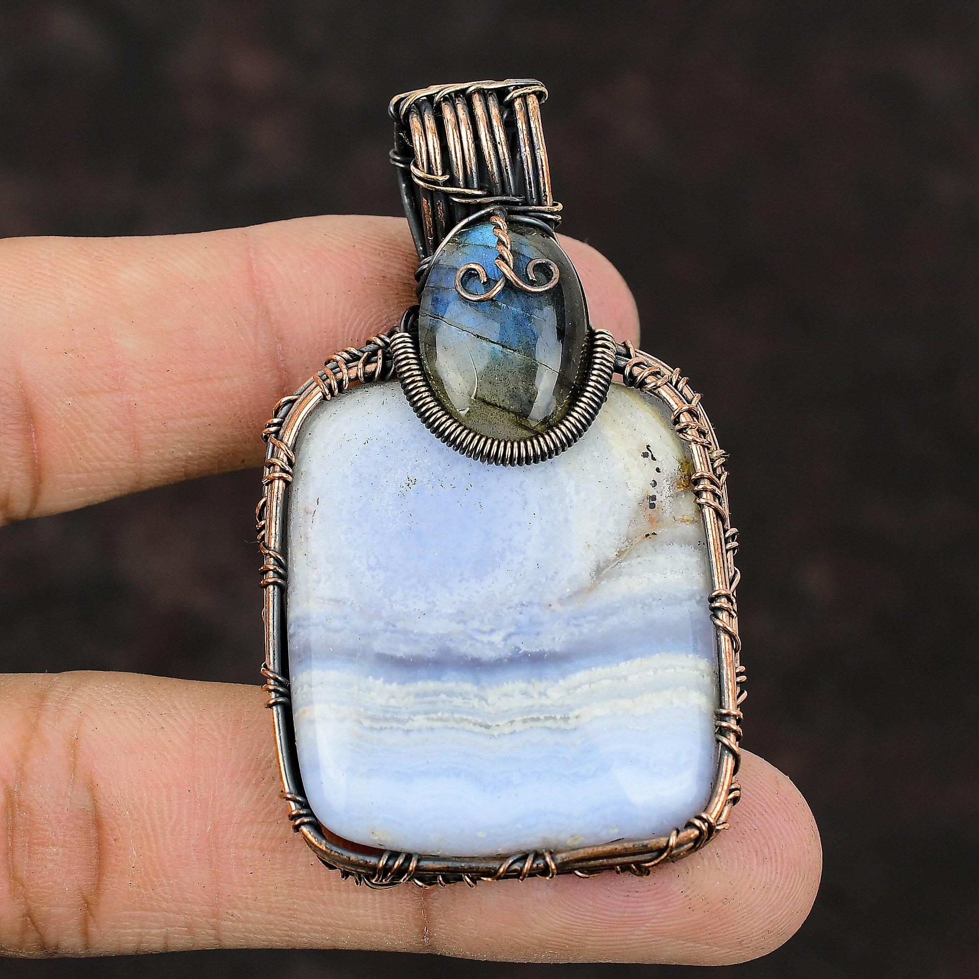 Blue Lace Agate Pendant Copper Wire Wrapped Pendant Handmade Labradorite Jewelry Gift For Mother Gemstone Wire Jewelry Birthstone Pendant
