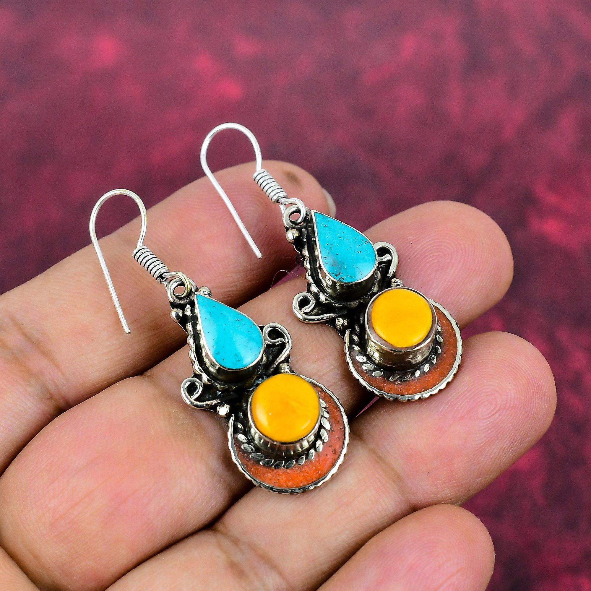 Blue Turquoise & Coral Earrings, 925 Solid Sterling Silver Gemstone Jewelry, Handmade Nepali Earrings, For Thanksgiving