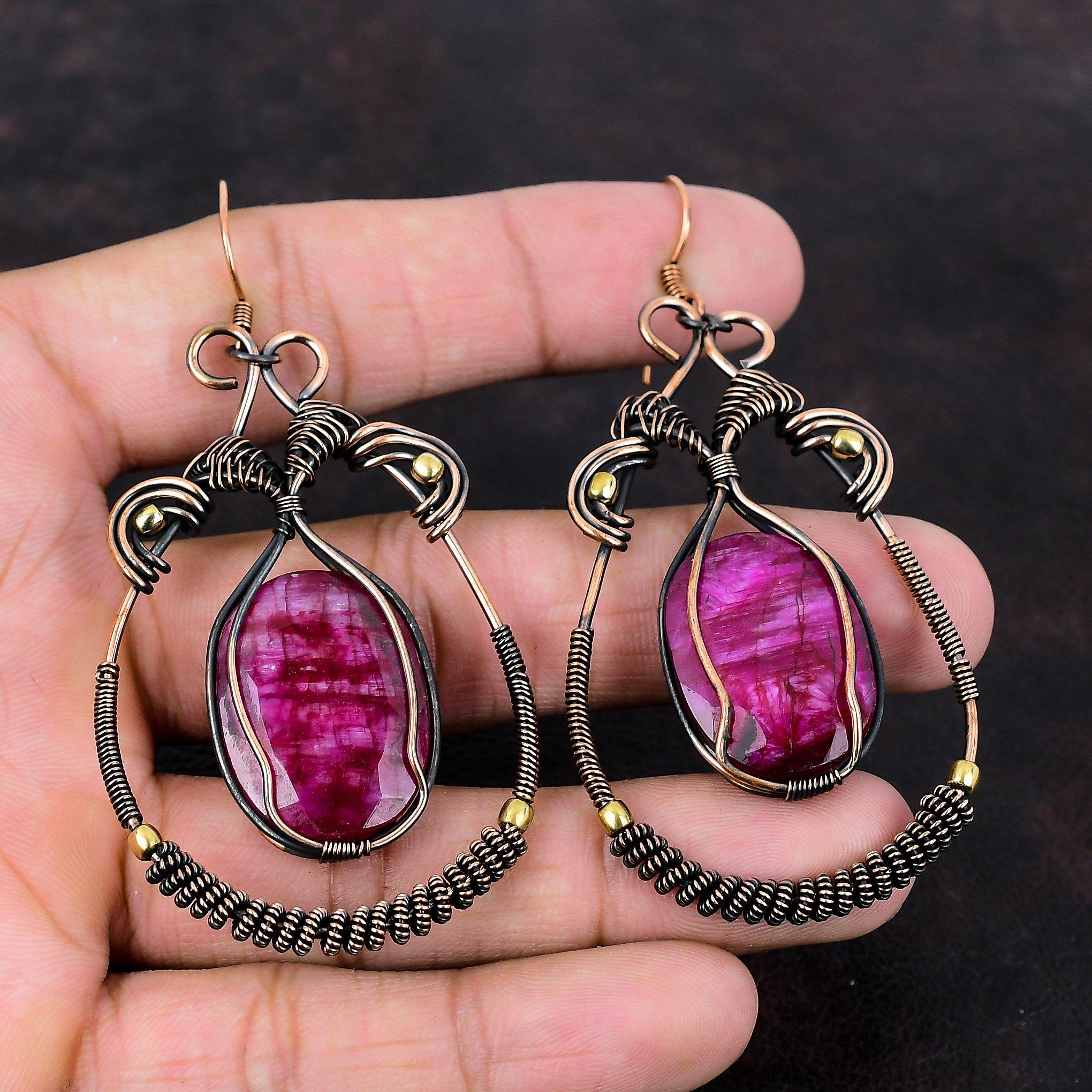 Faceted Kashmir Ruby Earring Copper Wire Wrapped Jewelry Gemstone Earrings Handmade Jewelry Copper Earring Gift For Women Wire Wrap Earring