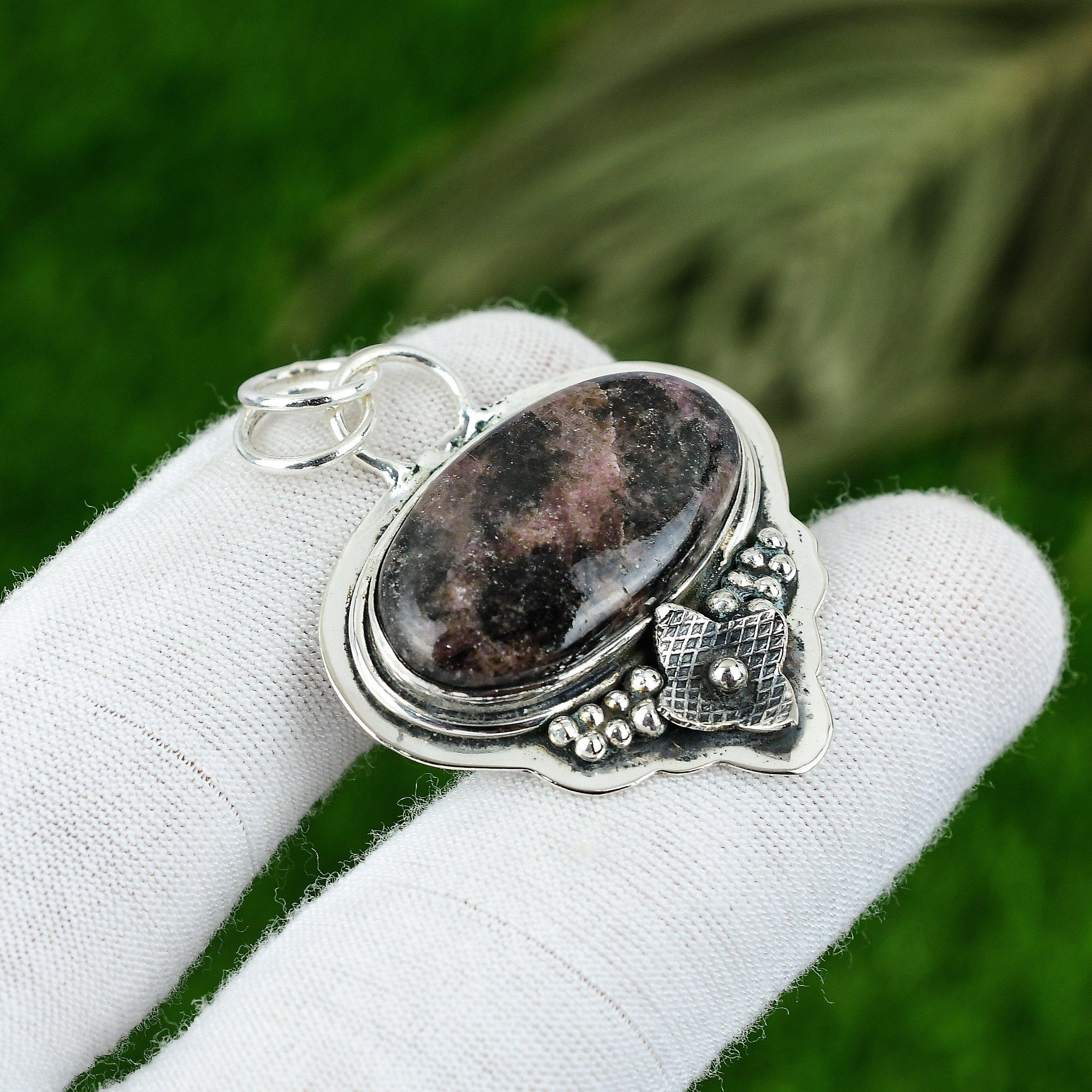 Natural Rhodonite Gemstone Pendant Pink 925 Sterling Silver Indian Jewelry