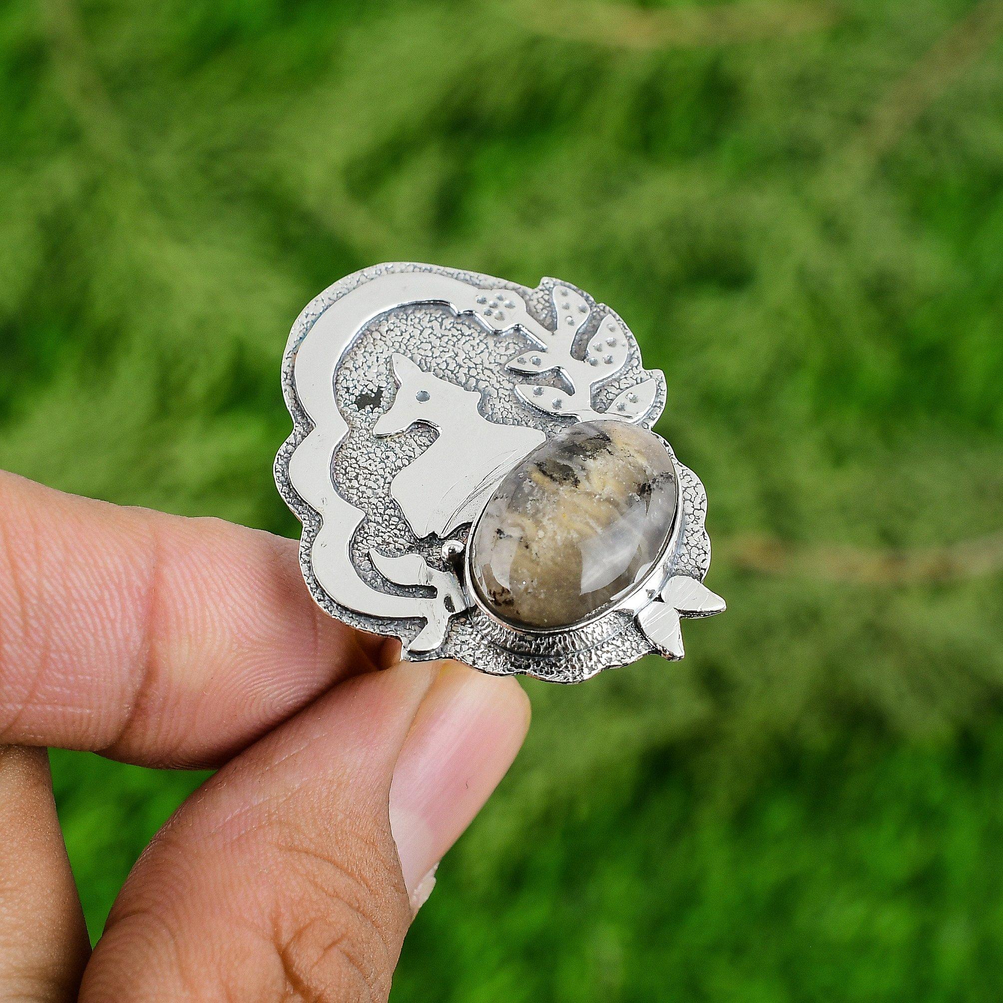 Oval Plume Agate Stone 925 Silver Trendy Bezel Stackable Elegant Sister New Ring