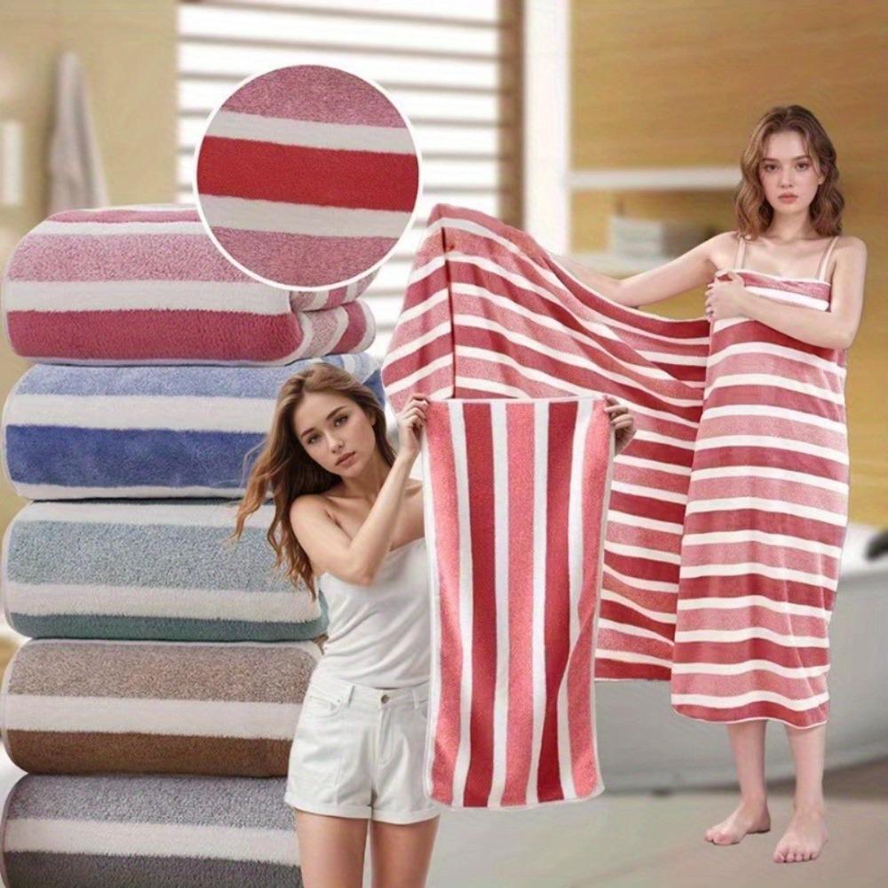Bath Towel Wrapped In Thick and Enlarged Absorbent Face Wash, Home Wide Striped Coral Fleece Towel Set