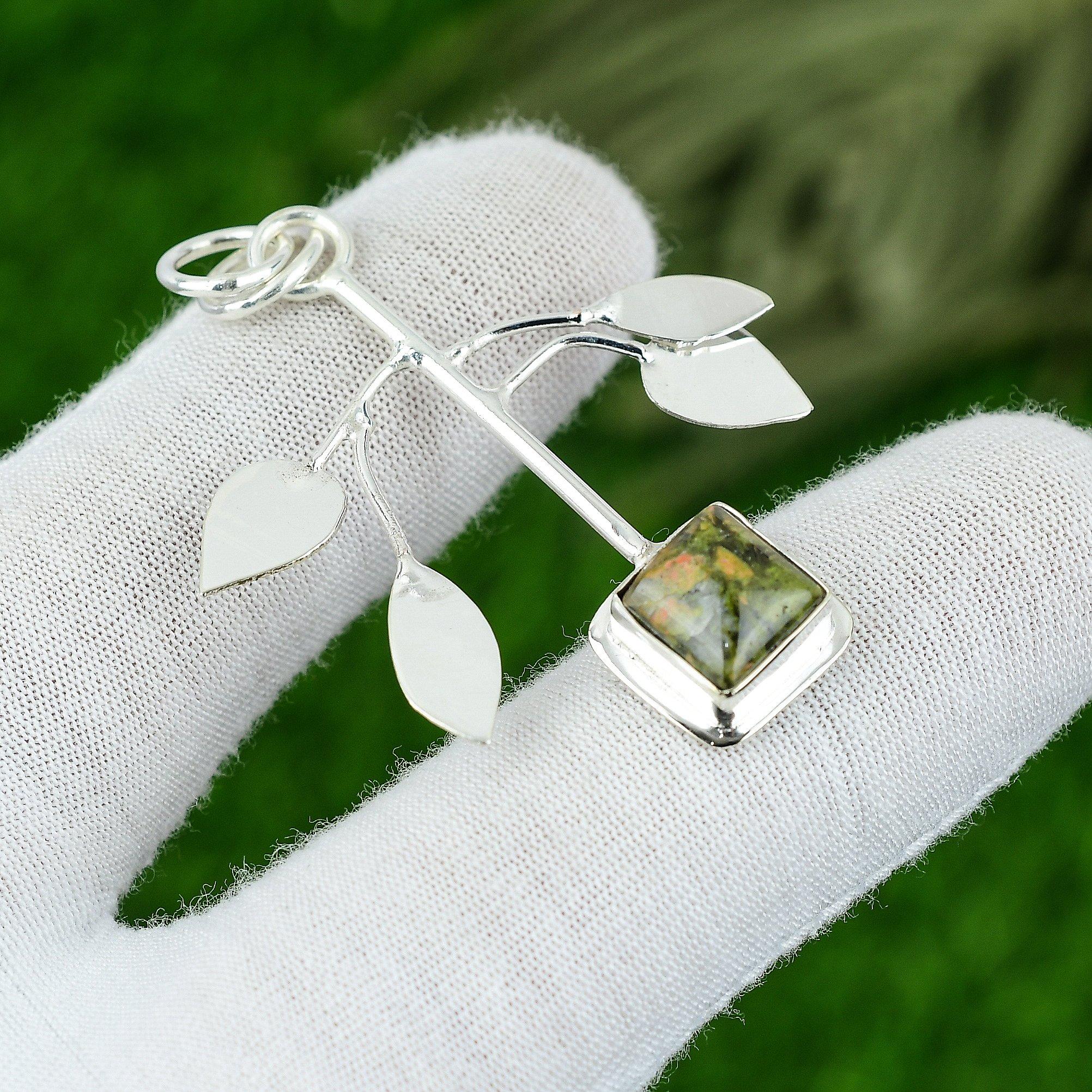 Natural Unakite Gemstone Pendant Green 925 Sterling Silver Indian Jewelry