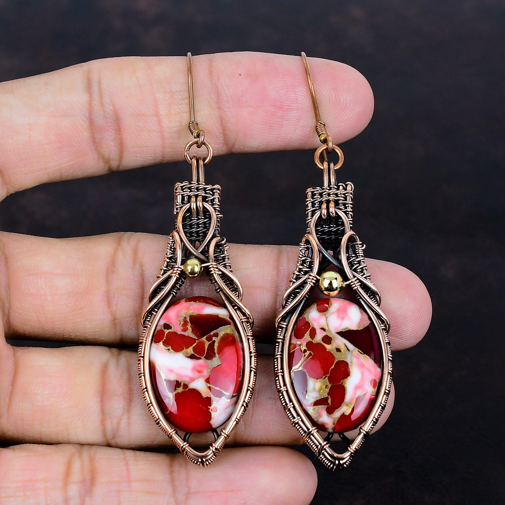 Kingman Red Mohave Copper Turquoise Earring Copper Wire Wrapped Gemstone Jewelry Handmade Earring Copper Wire Wrap Earrings Engagement Gifts