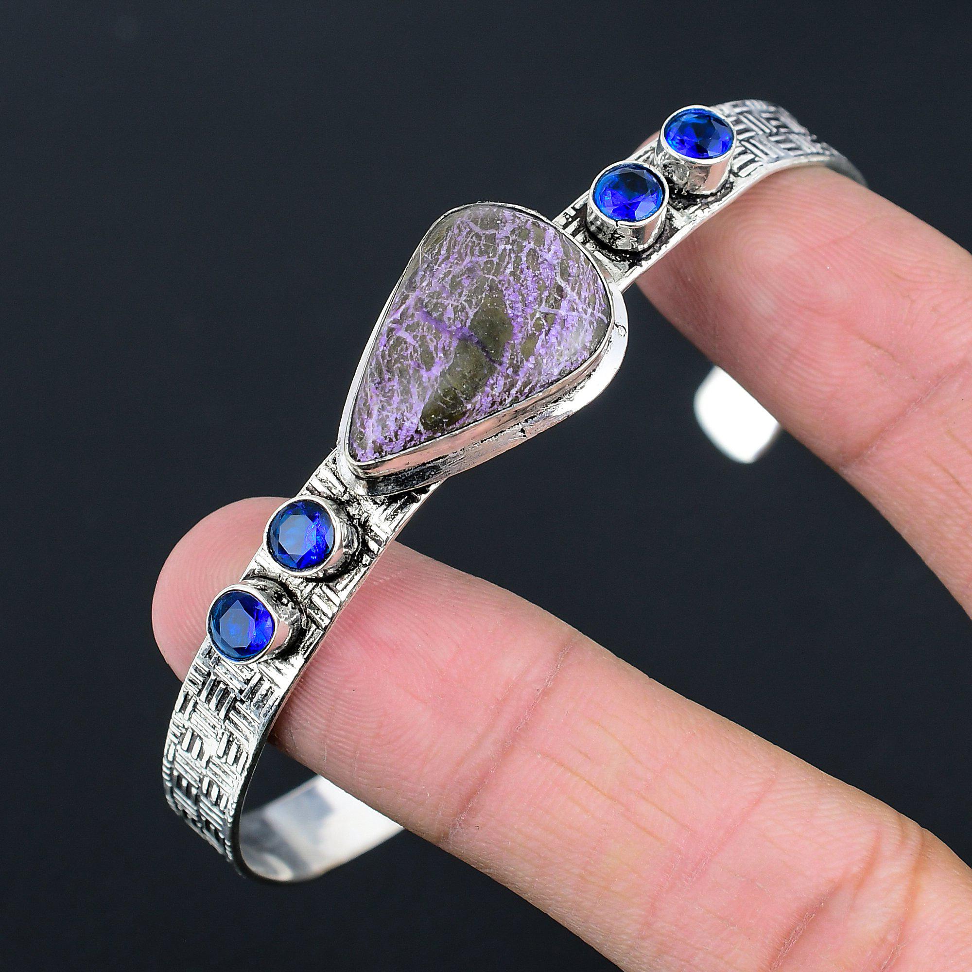 Offre Fête de l'Amitié Argent 925 Purpurite Naturelle Topaze Bleue Bracelet Jonc Bijou pour Femme
