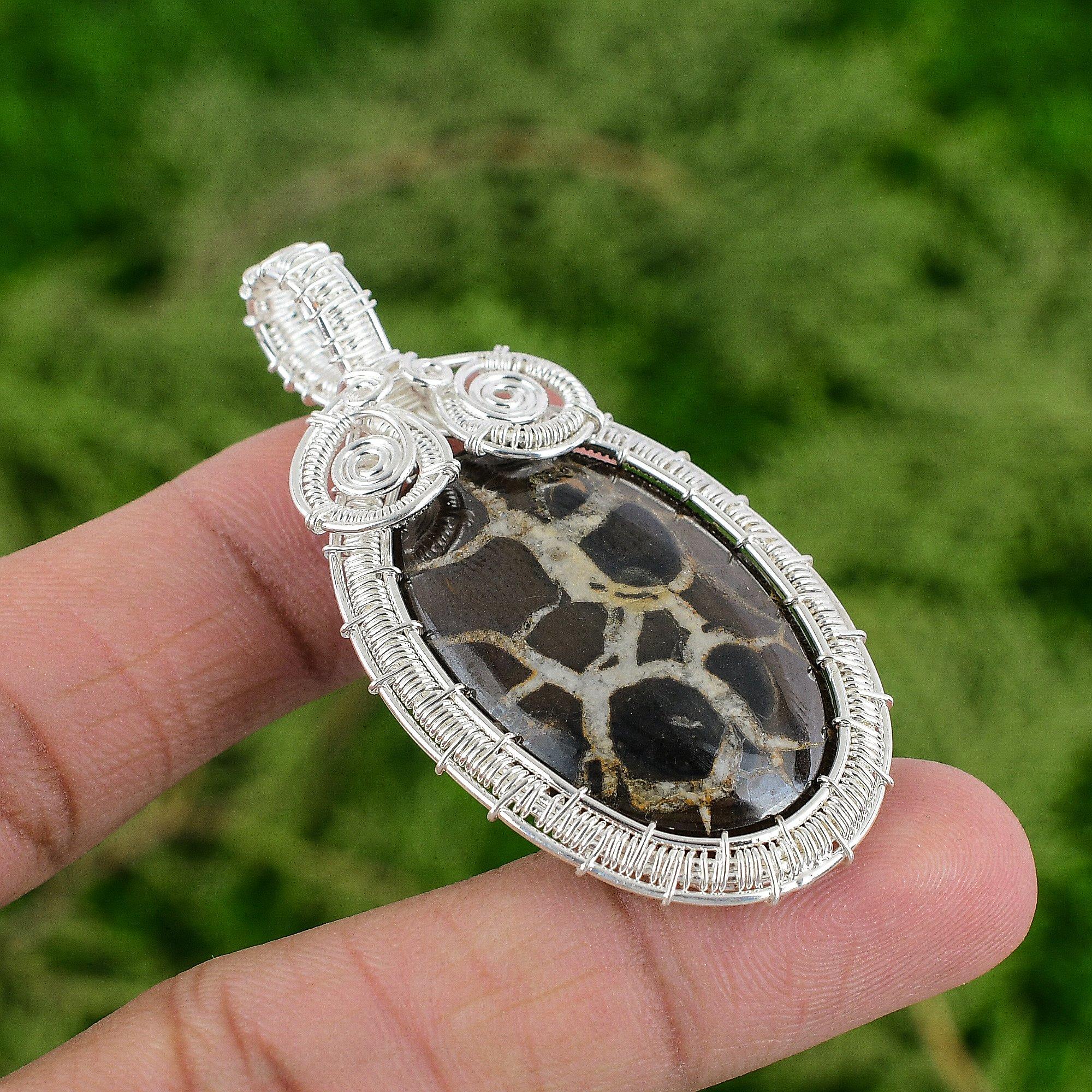 Moroccan Mud Crack Fossil Gemstone 925 Sterling Silver Wire Wrap Pendant Jewelry