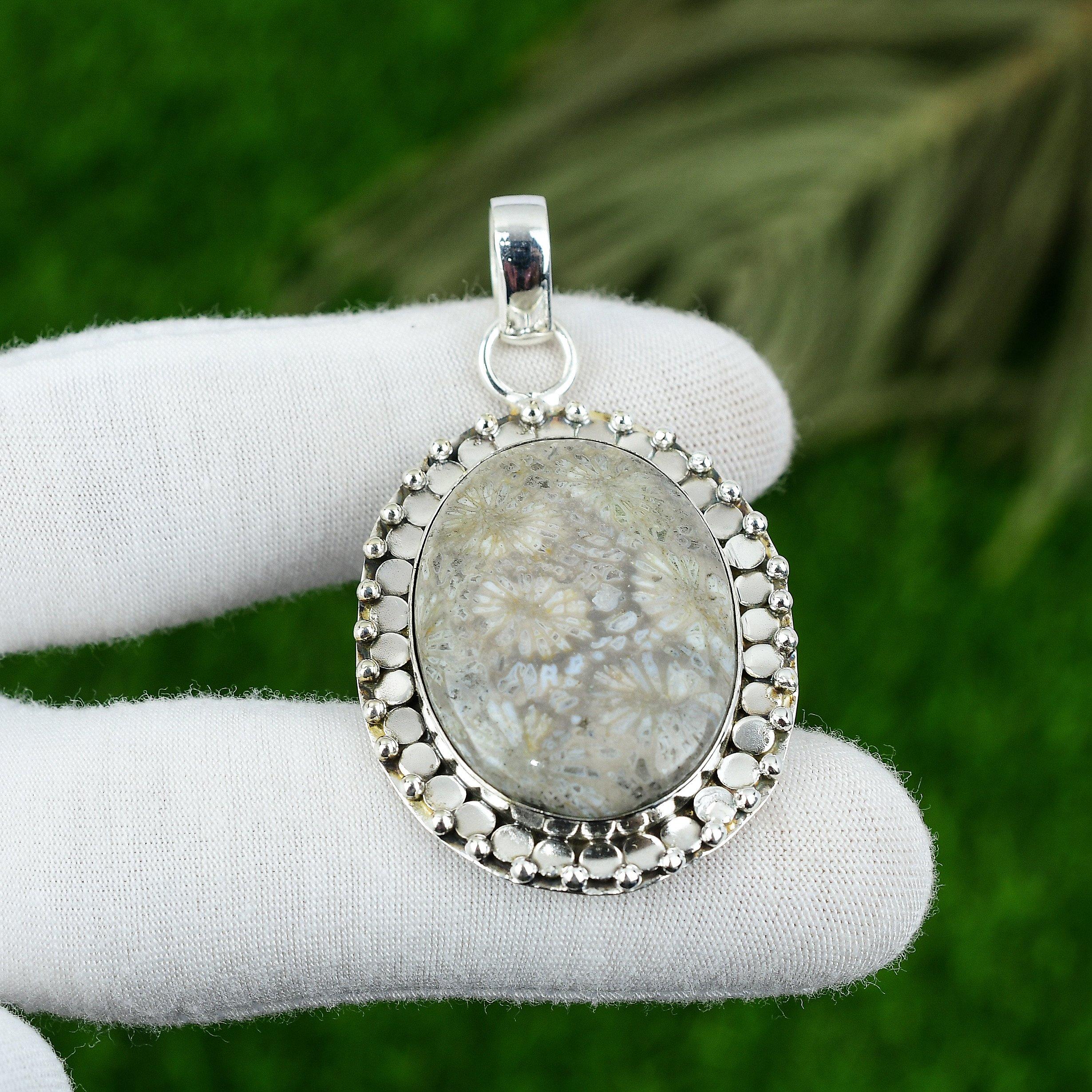 Gift For Her 925 Sterling Silver Natural Fossil Coral Gemstone Jewelry Pendant