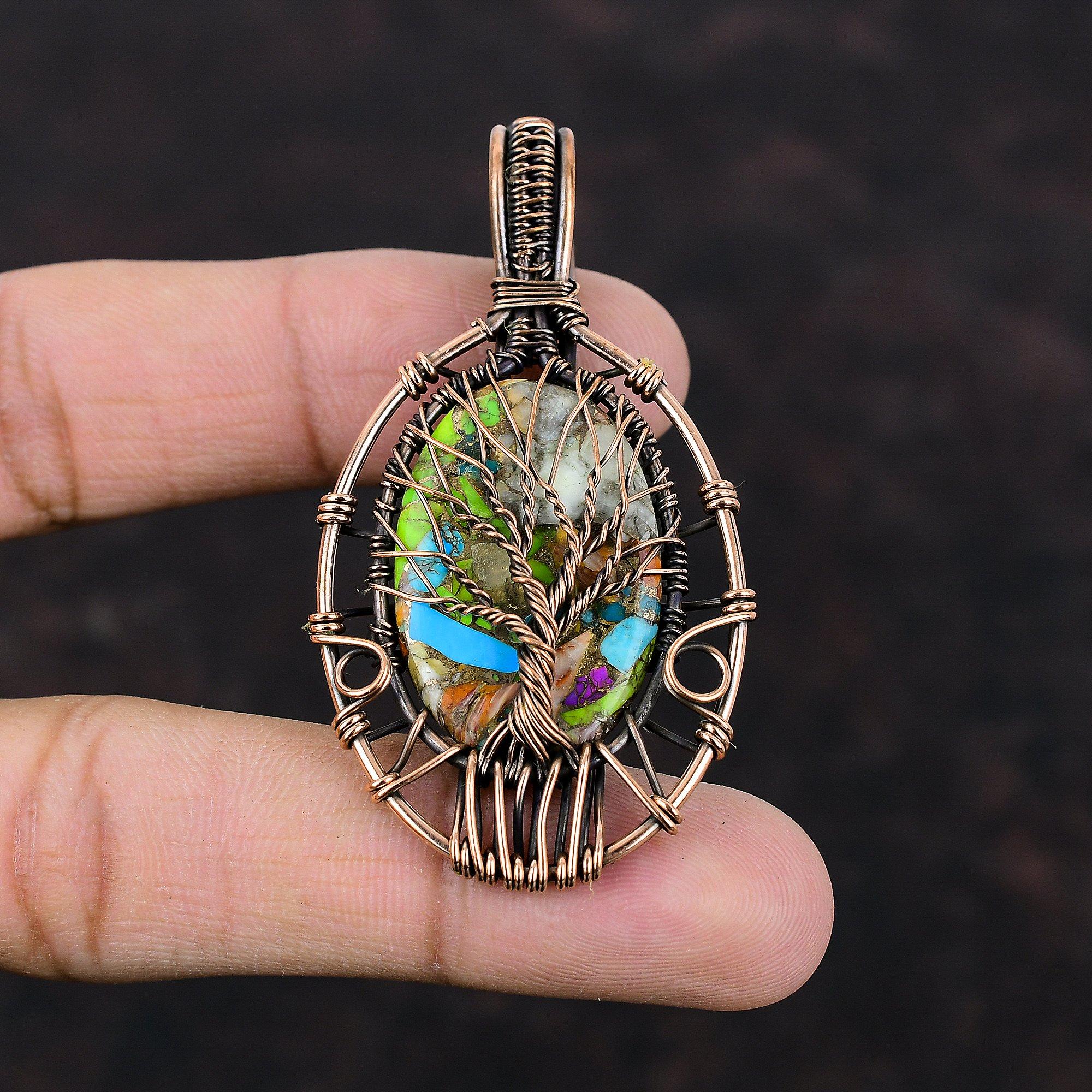 Pendentif Arbre de Vie Fiesta Turquoise Kingman Bijoux Multi Turquoise Cuivre Pendentif Enroulé Fil de Cuivre Bijoux en Pierre Précieuse Pendentif Fait Main