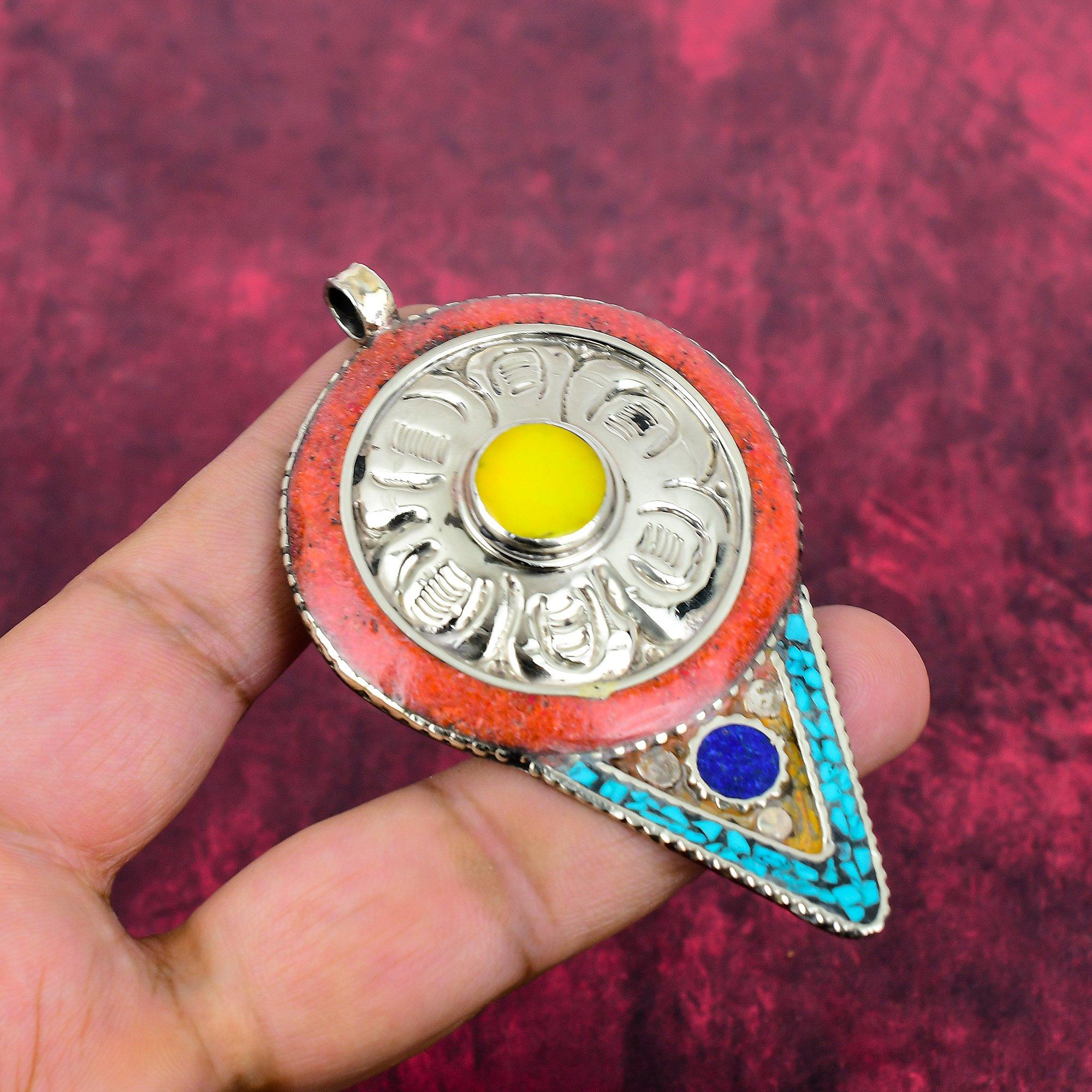 Turquoise, Coral & Lapis Lazuli Pendant, Gemstone 925 Solid Sterling Silver Jewelry Pendant, Handmade Jewelry Birthstone Pendant, Gift For Him