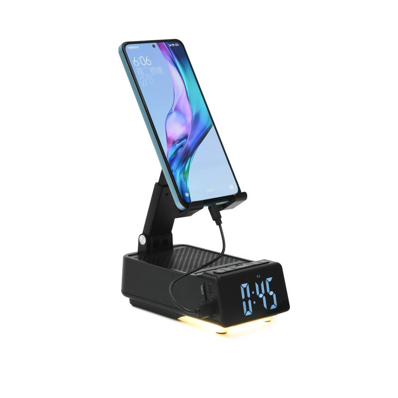 Despertador Altavoz Bluetooth Soporte para tableta y teléfono móvil Rotación Elevado Plegable Portátil Banco de carga Luces LED de colores Reproductor de disco U