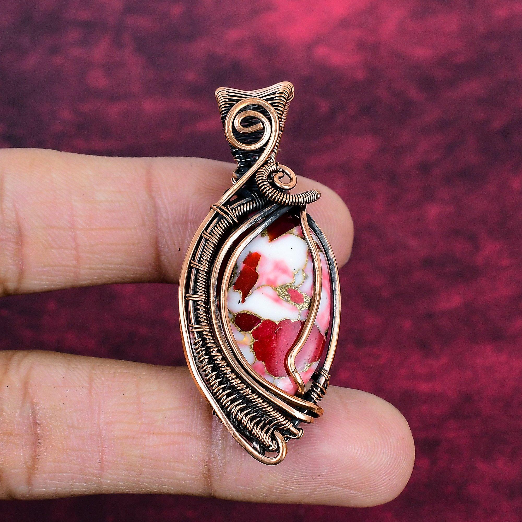 Kingman Red Mohave Copper Turquoise Gemstone Pendant Copper Wire Wrapped Pendant
