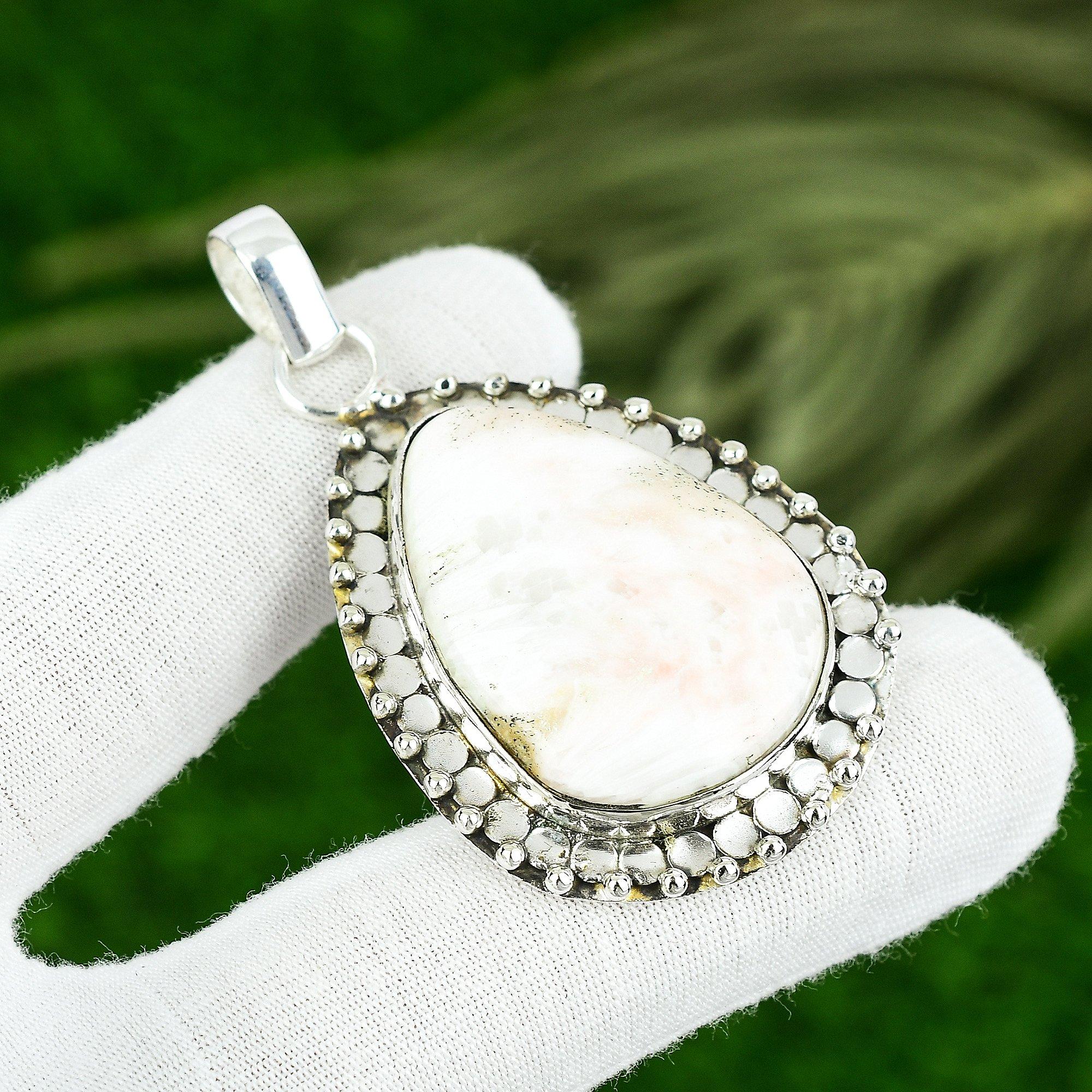 Pear Natural Scolecite Boho Birthday Mother Bezel New Pendant Sterling Silver