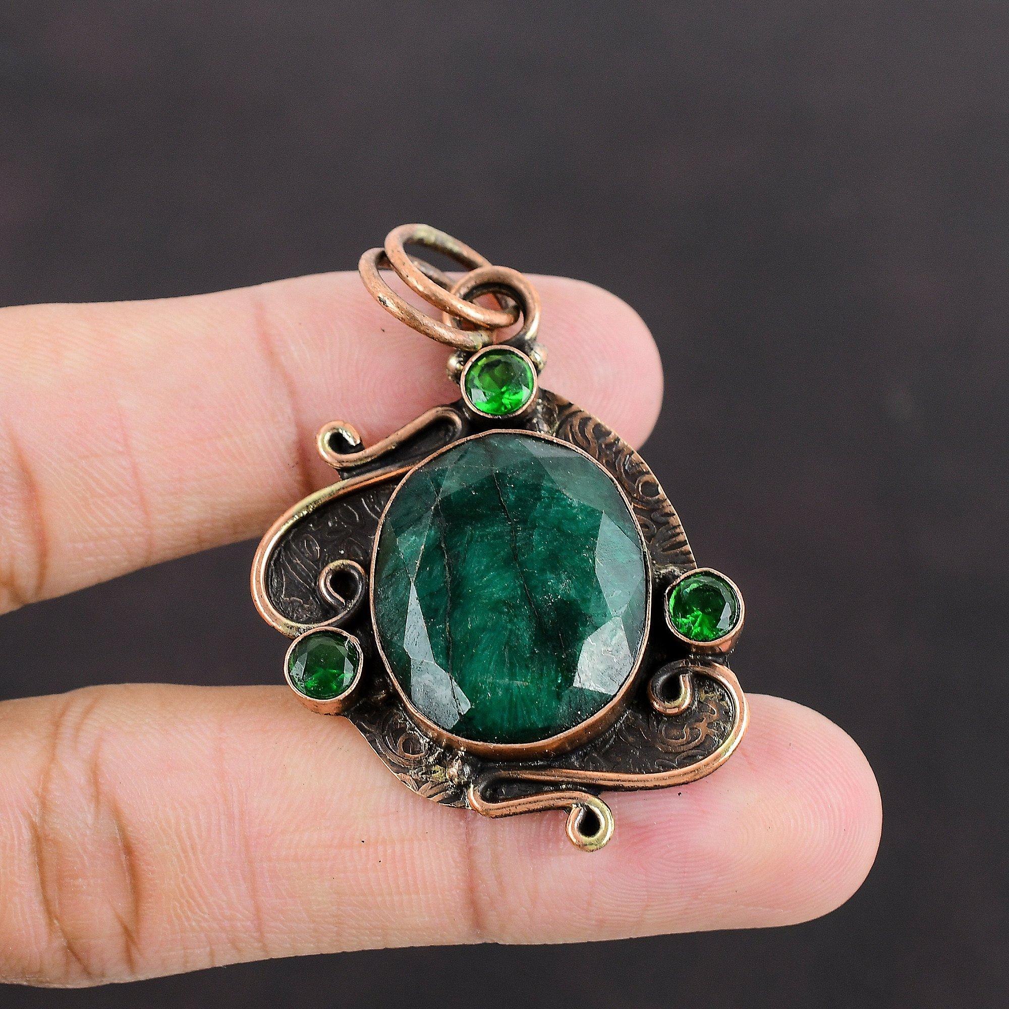 Faceted Zambian Emerald Pendant Chrome Diopside Pendant Copper Pendant Gemstone Jewelry Handmade Copper Jewelry Gift For Him Healing Stone
