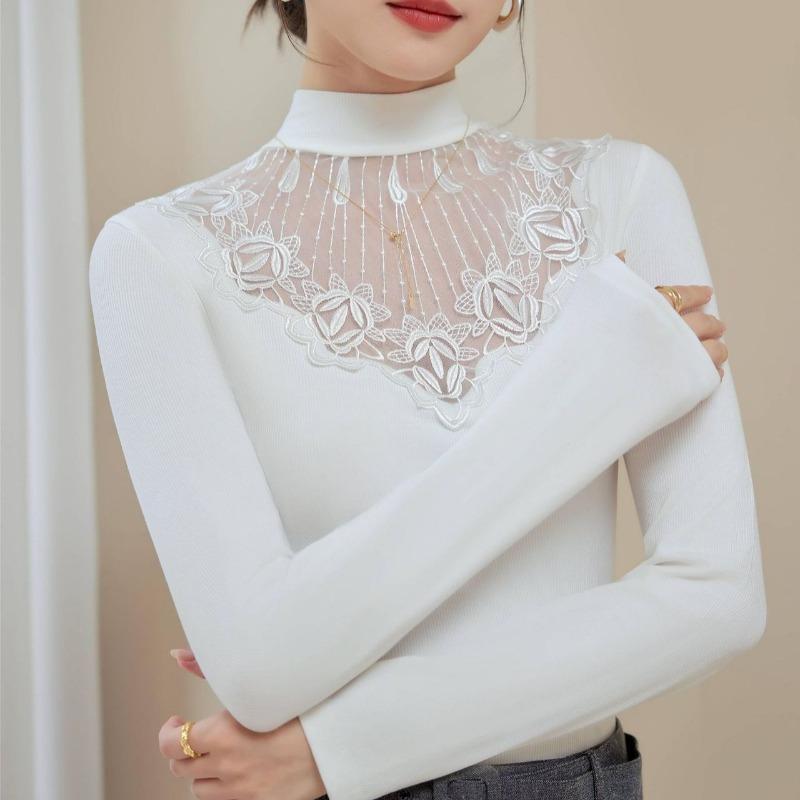 Autumn Winter Women's Half High Neck Lace Slim Pullover Casual Elegant Commuter Long Sleeve Solid Color Versatile Tops