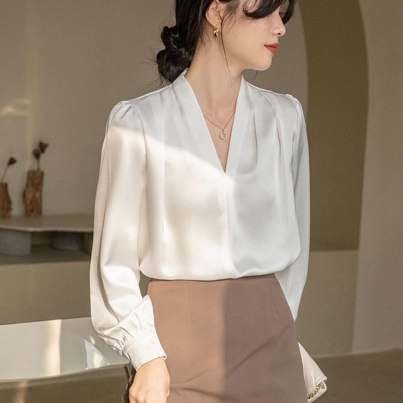 Satin Shirt Women's Long-sleeved V-neck Drape Versatile Senior Sense of Professional Temperament Blouse