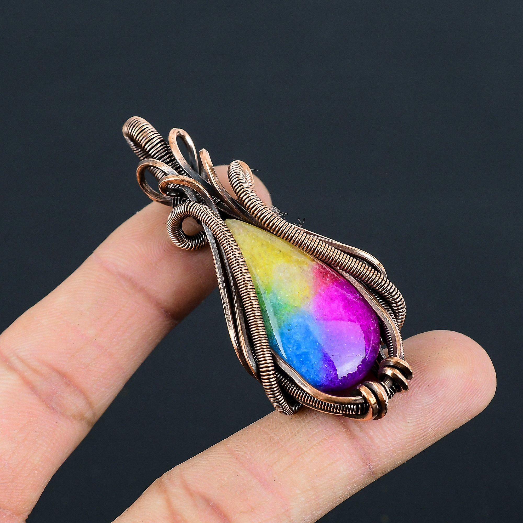 Dazzling Rainbow Solar Quartz Gemstone Handmade Copper Wire Wrap Jewelry Pendant For Gift