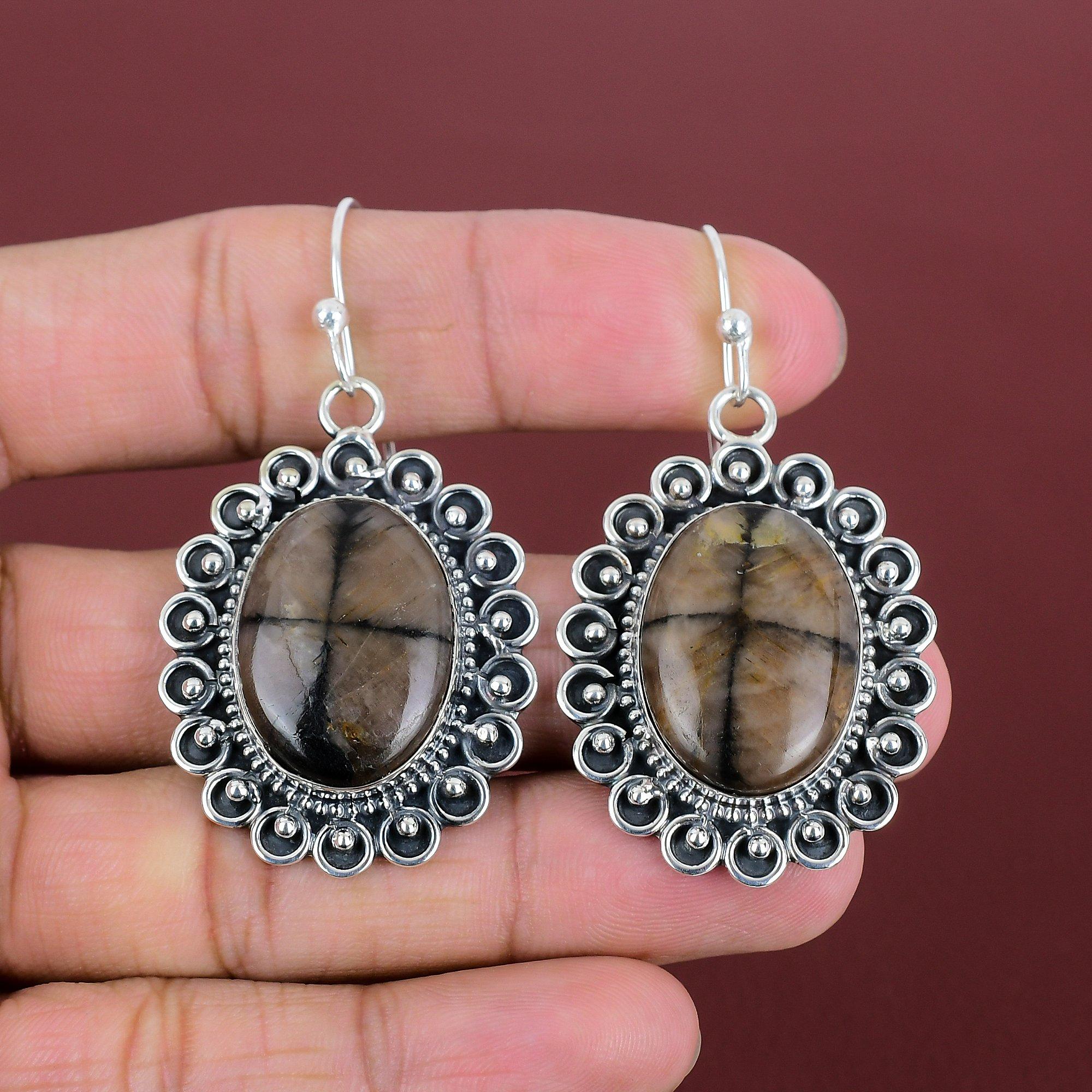 Chiastolitörhängen Ädelsten Handgjorda Smycken 925 Sterling Silver Örhängen Chiastolit Smycken Underbara Hängande Örhängen Jubileumspresenter