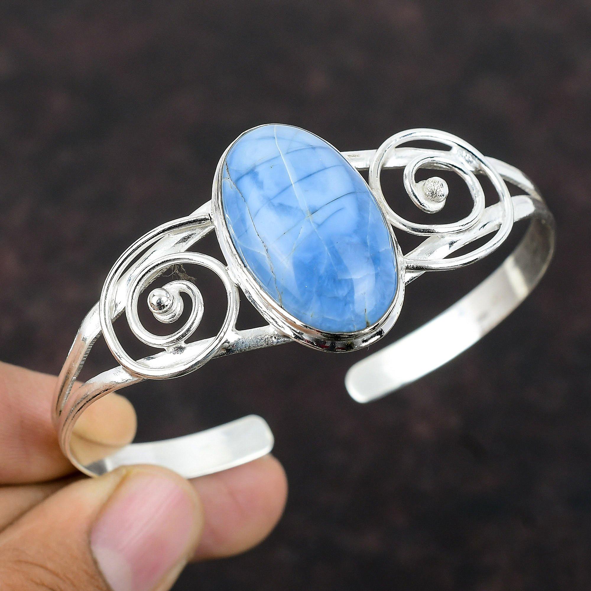 Owyhee Blue Opal Gemstone Bangle 925 Sterling Silver Bangle Handmade Adjustable Cuff Bracelet Latest Design Bangle Silver Jewelry For Gifts
