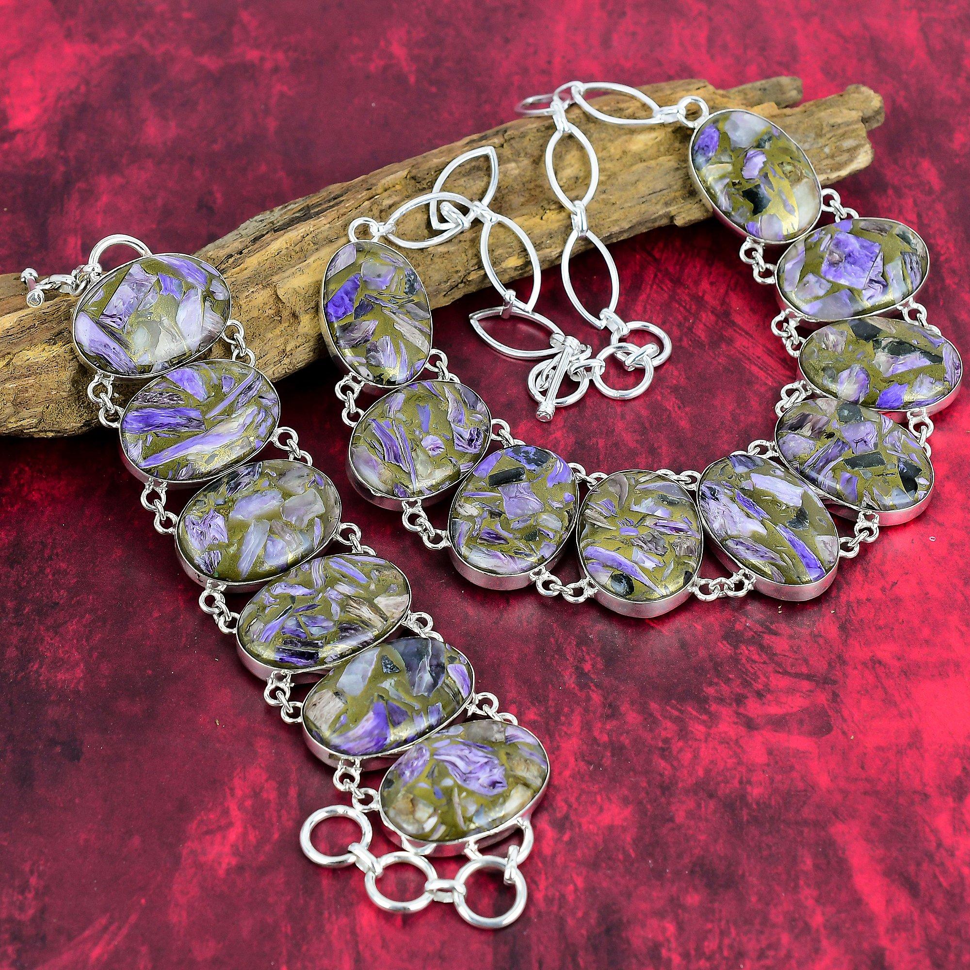 Kupfer Charoit Armband & Halskette Schmuckset, 925 Massiv Sterlingsilber Set für Schwester, Edelstein Handgefertigt Verstellbare Kette Schmuckset für Frauen