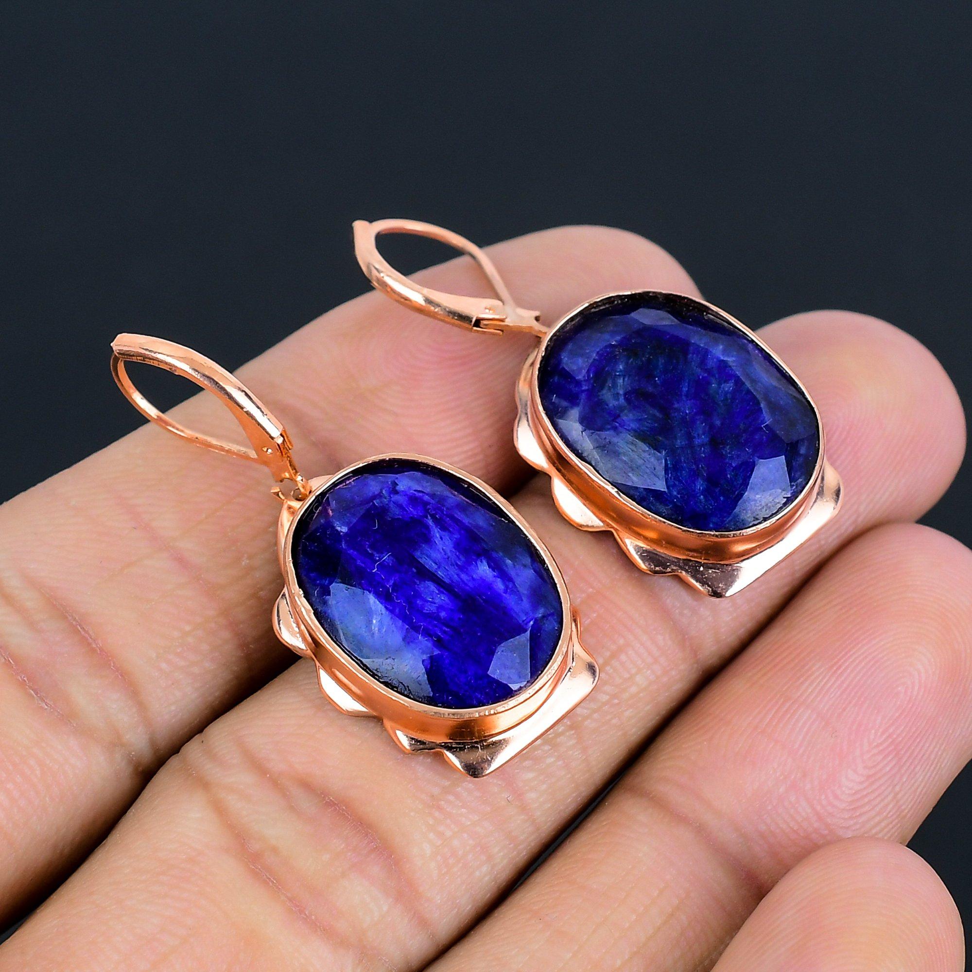 Blue Sapphire Lab-Created Gemstone Handmade Copper Jewelry Amazing Earring For Her