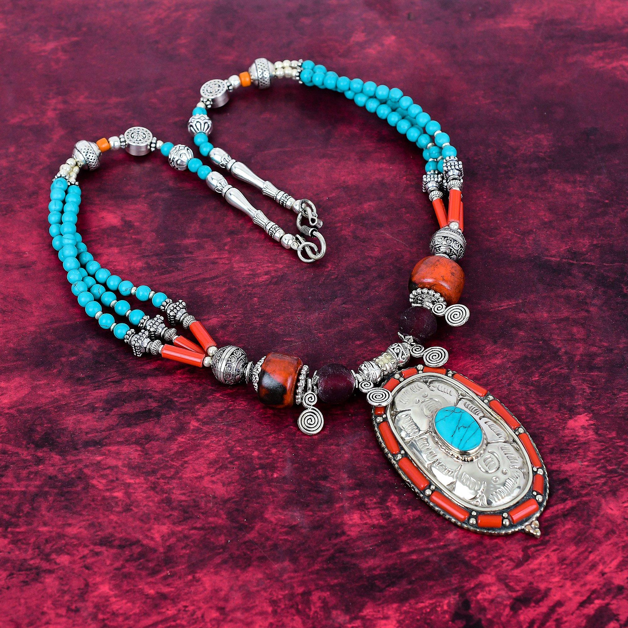 Türkis, Rote Koralle Halskette, Edelstein 925 Massiv Sterling Silber Schmuck Halskette, Handgefertigter Schmuck Geburtsstein Nepalesische Halskette, Geschenk für Ihn