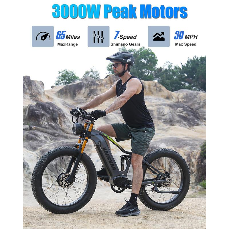 BURCHDA RX80 Adult Electric Bike Dual Motor AWD 3000W Peak 20AH 48V 80 Miles Long Range 26" Full Suspension Fat Tire Mountain Bike