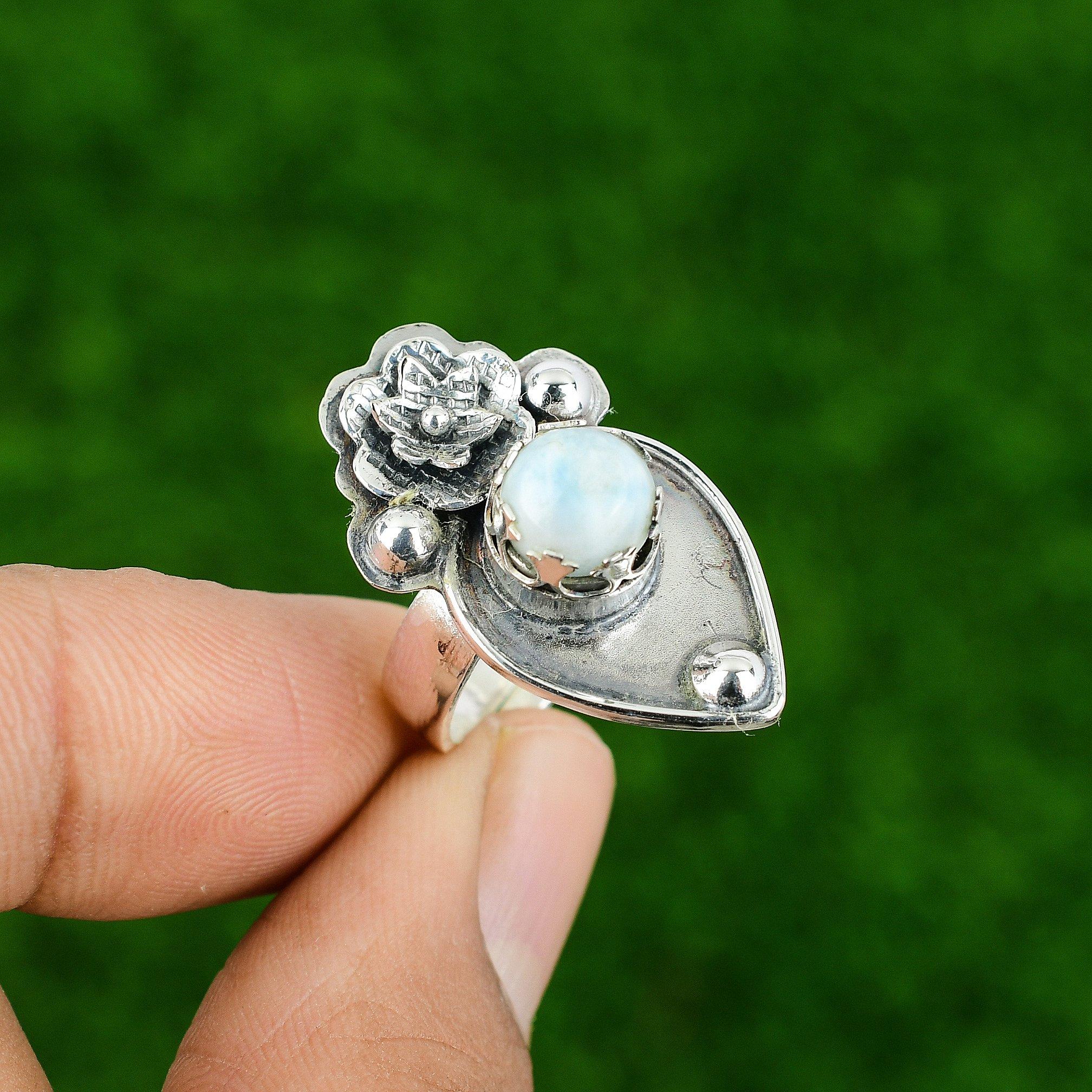 Natural Larimar Gemstone Statement Flower Adjustable Ring 925 Silver For Women