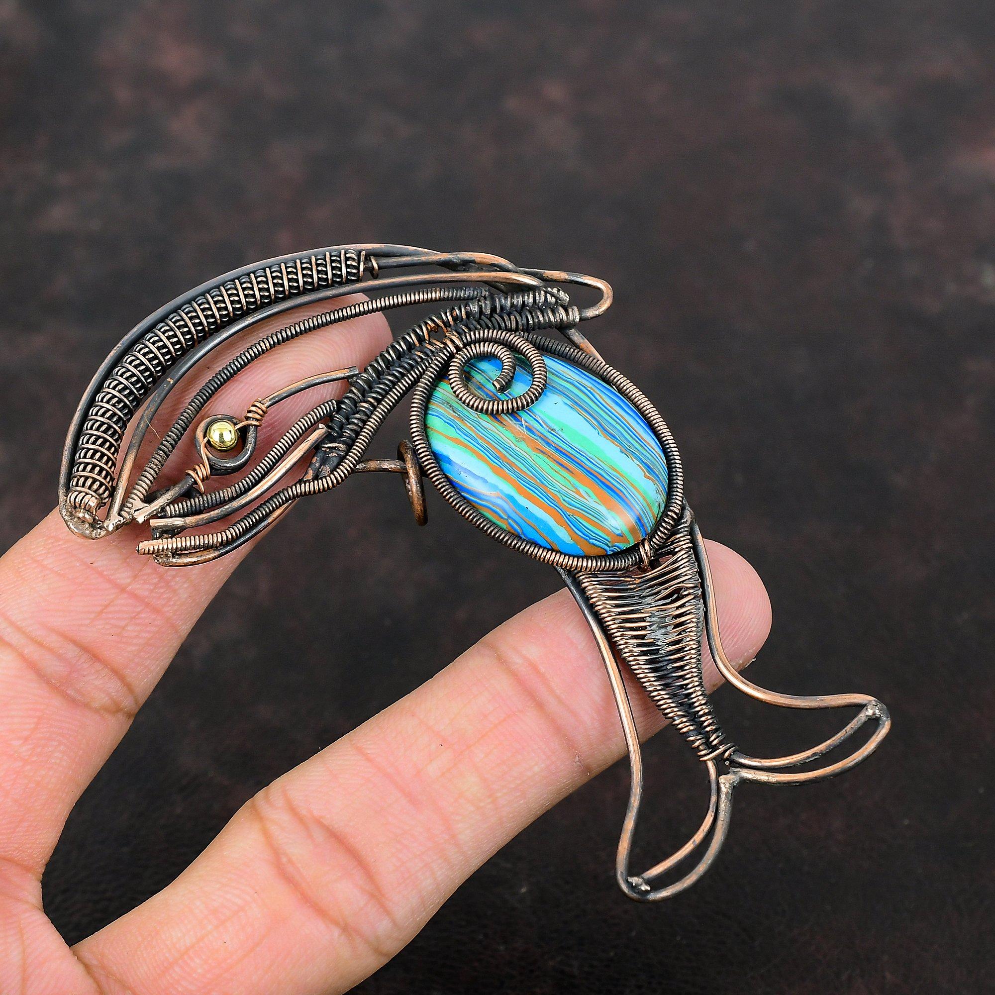 Rainbow Calsilica Pendant Copper Wire Wrapped Pendant Gemstone Pendant Antique Copper Jewelry Gift For Women Handmade Jewelry Fish Pendants