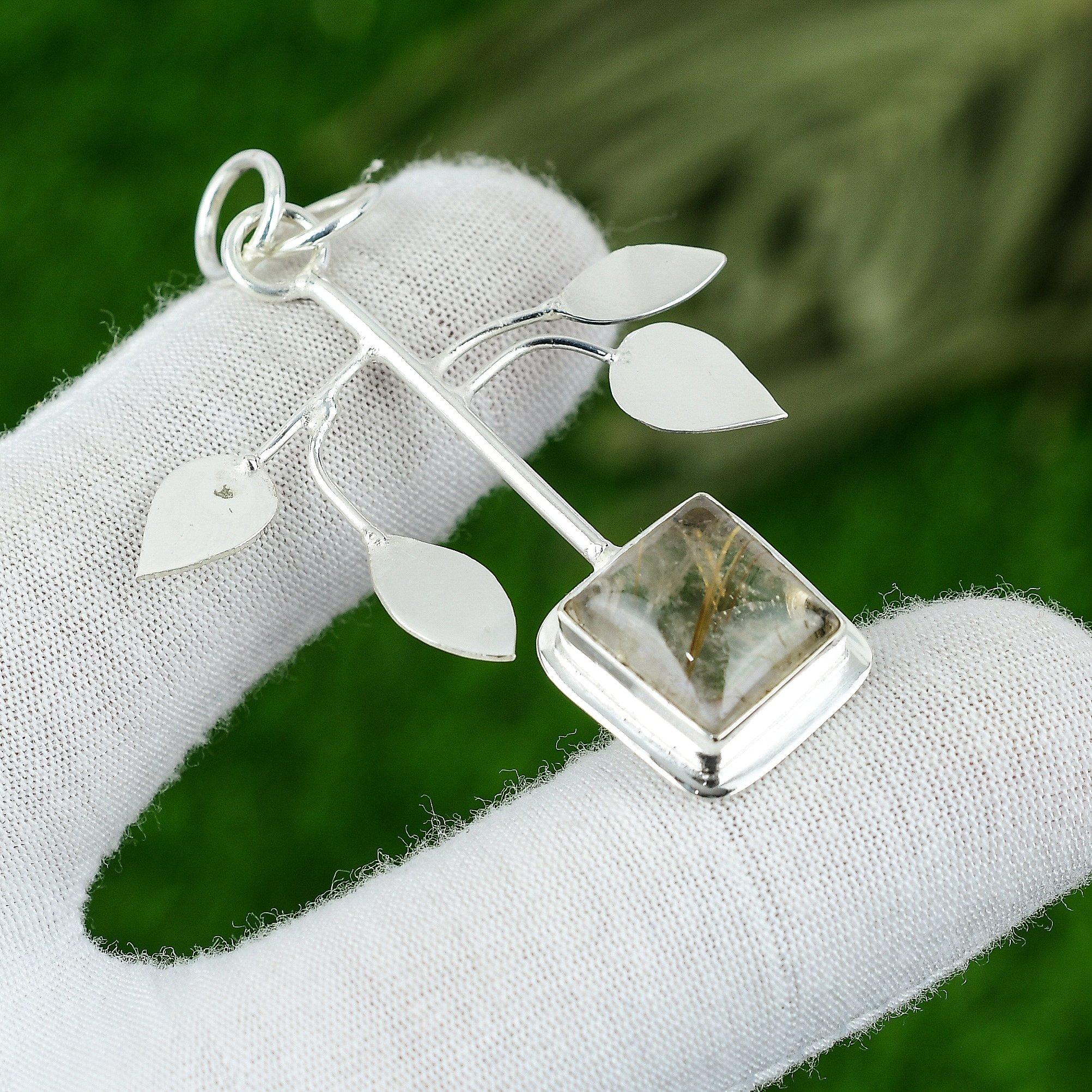 Gift For Her 925 Sterling Silver Natural Golden Rutile Gemstone Jewelry Pendant