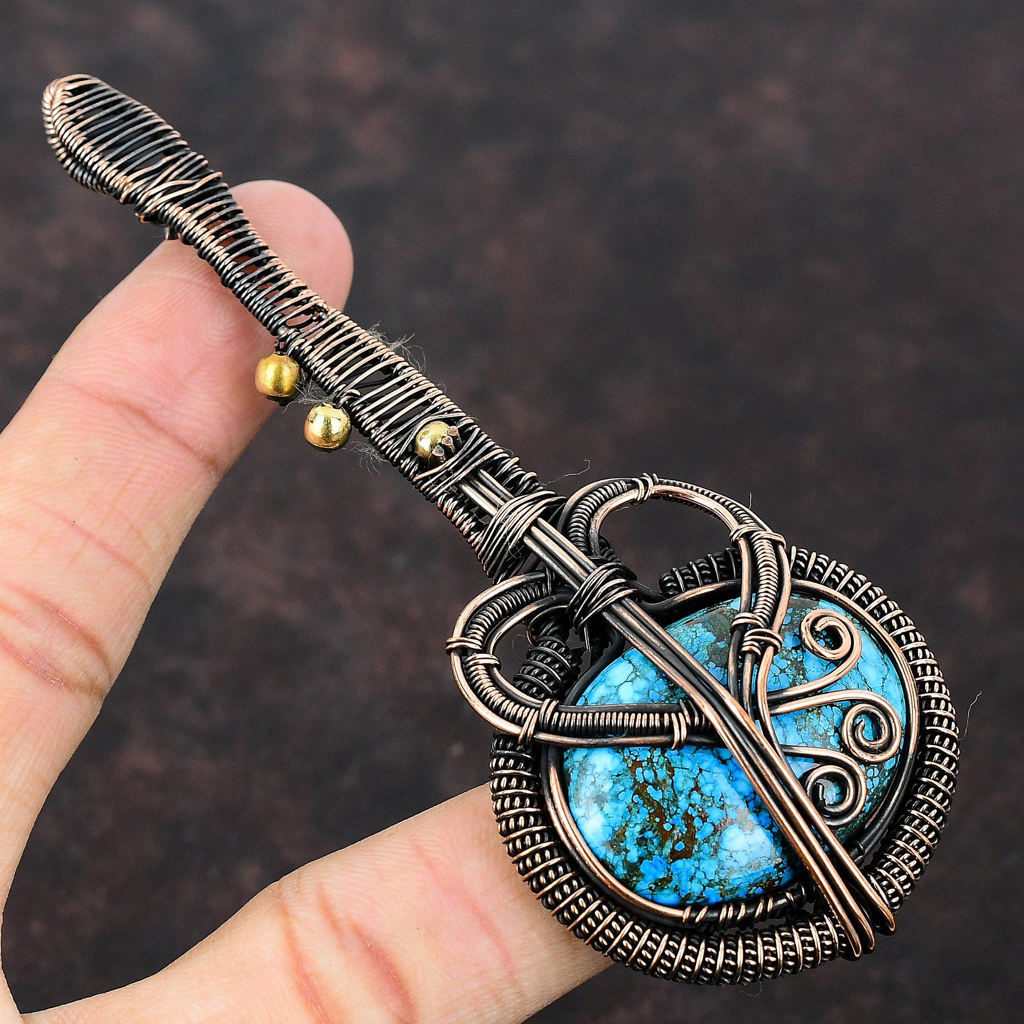 Tibetan Turquoise Pendant Copper Wire Wrapped Pendant Handmade Gemstone Pendant Unique Copper Design Jewelry Guitar Pendant Anniversary Gift