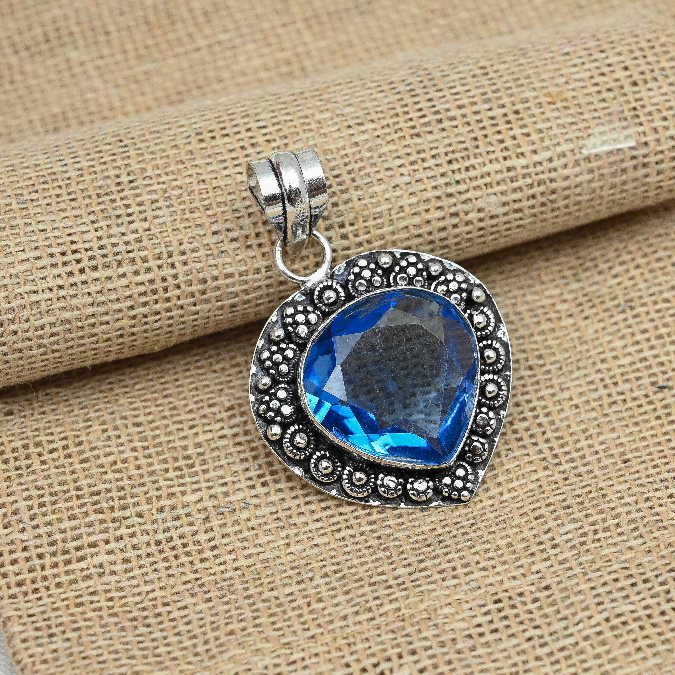 Blue Topaz Gemstone 925 Sterling Silver Handmade Pendant Wedding Gift Jewelry