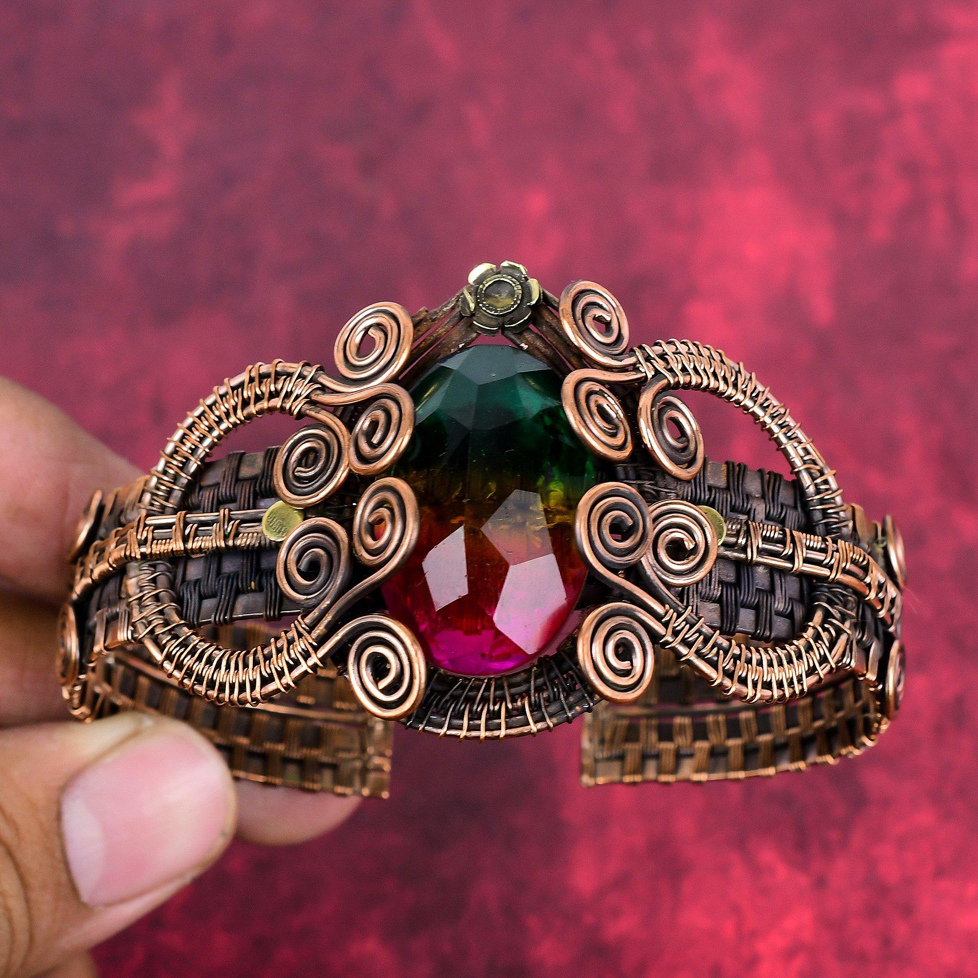 Faceted Multi Tourmaline Bangle Copper Wire Wrapped Adjustable Cuff Bracelet Gemstone Jewelry Handmade Bangle Copper Jewelry Gifts for Wife