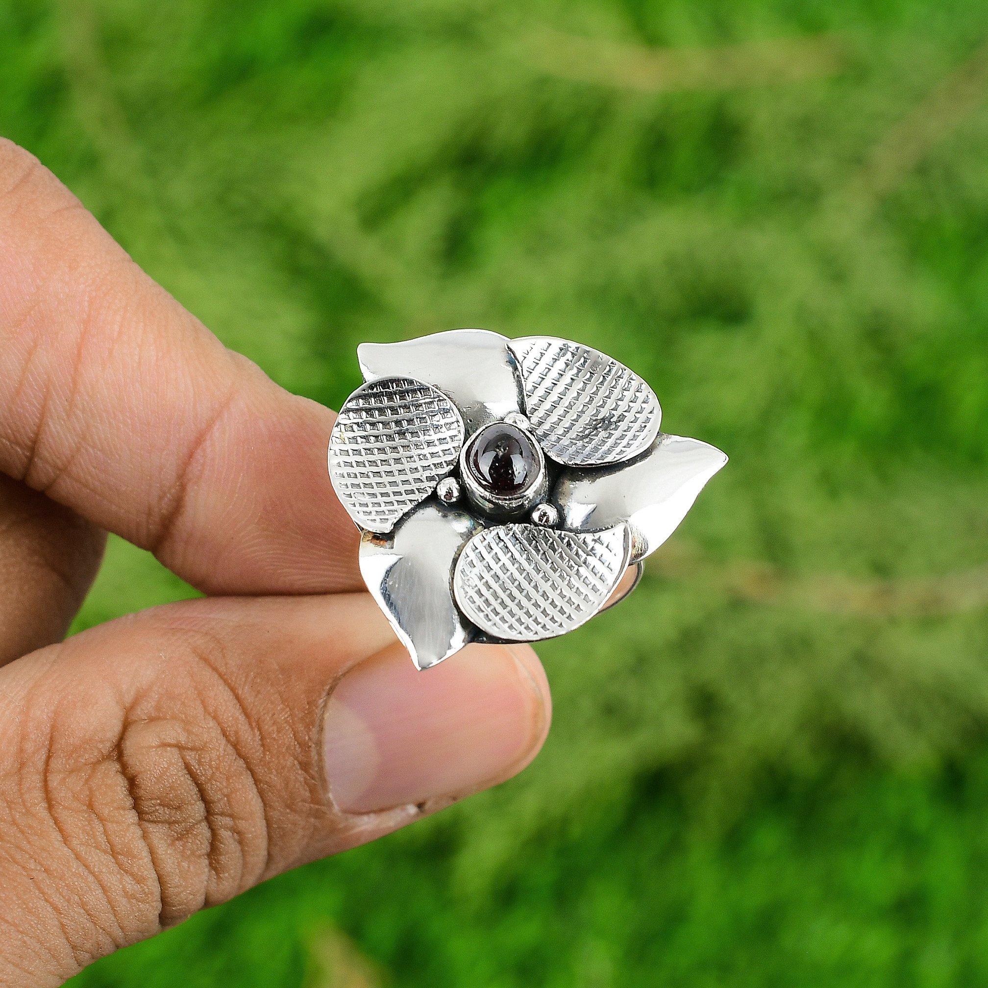 Round Tourmaline Gemstone Sister Statement Bezel Flower Ring Jewelry 925 Silver
