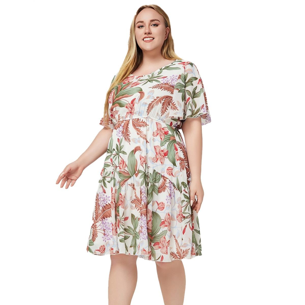 Pluss størrelse kvinners kjole sommer rund hals kortermet trykte chiffon kjoler