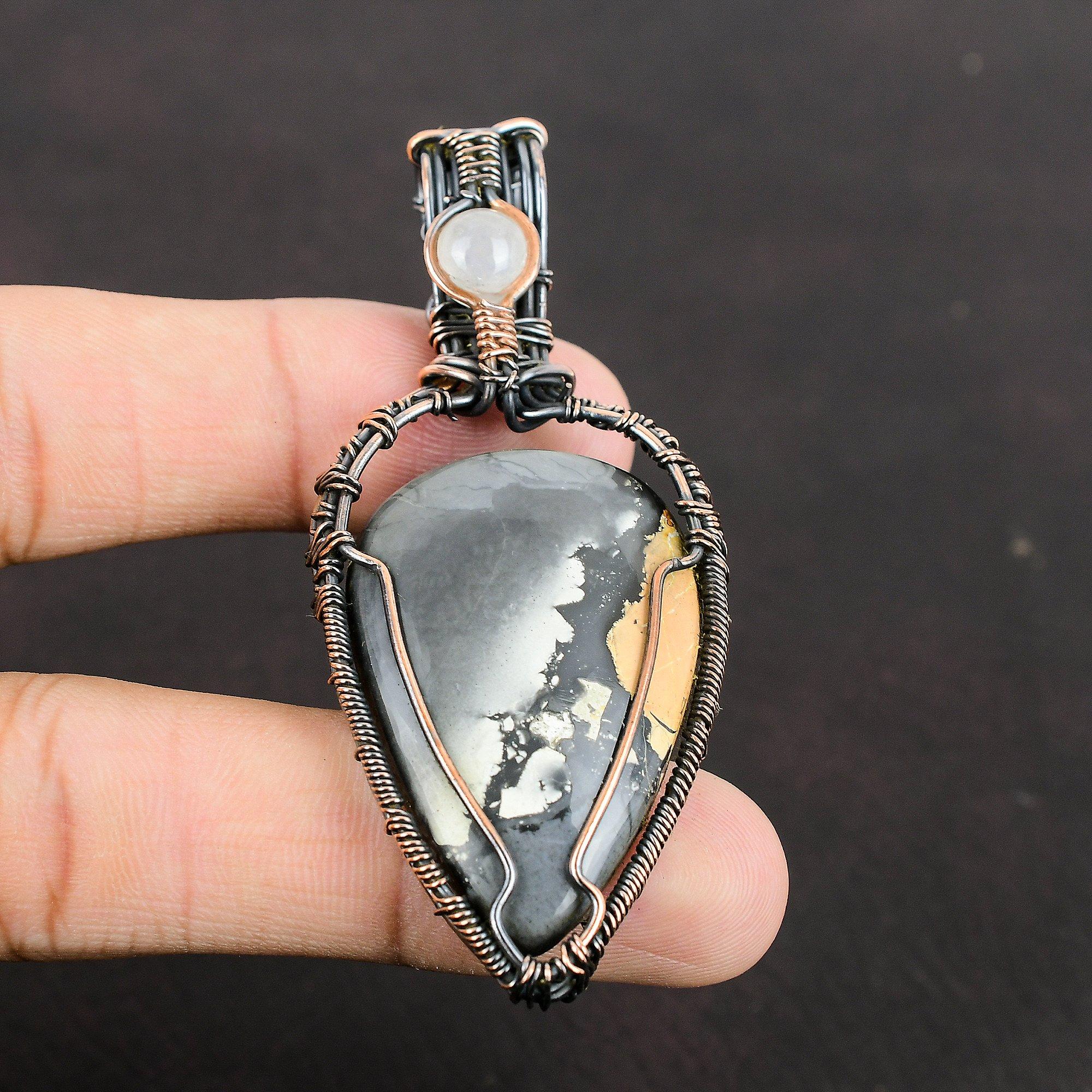 Maligano Jasper Copper Pendant Copper Wire Wrapped Jewelry Gemstone Jewelry Rainbow Moonstone Pendant Wire Designer Jewelry Handmade Pendant