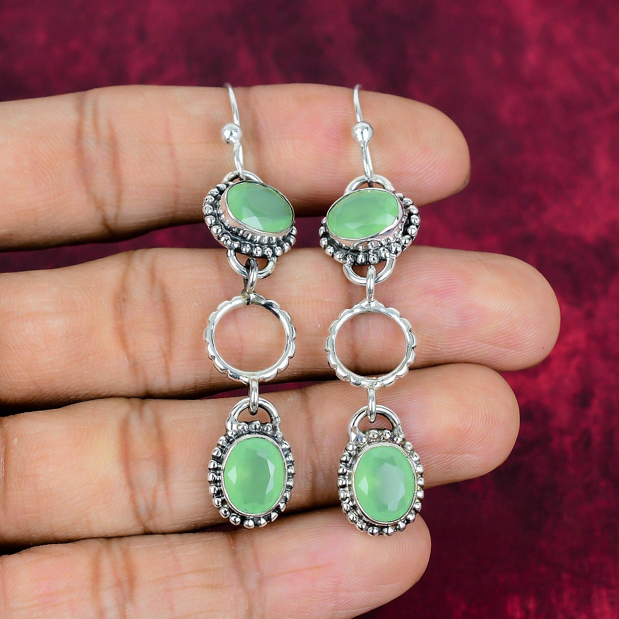 Green Chalcedony 925 Solid Sterling Silver Earrings, Handmade Gemstone Earrings Jewelry, Gifts For Wife Brand New Earrings