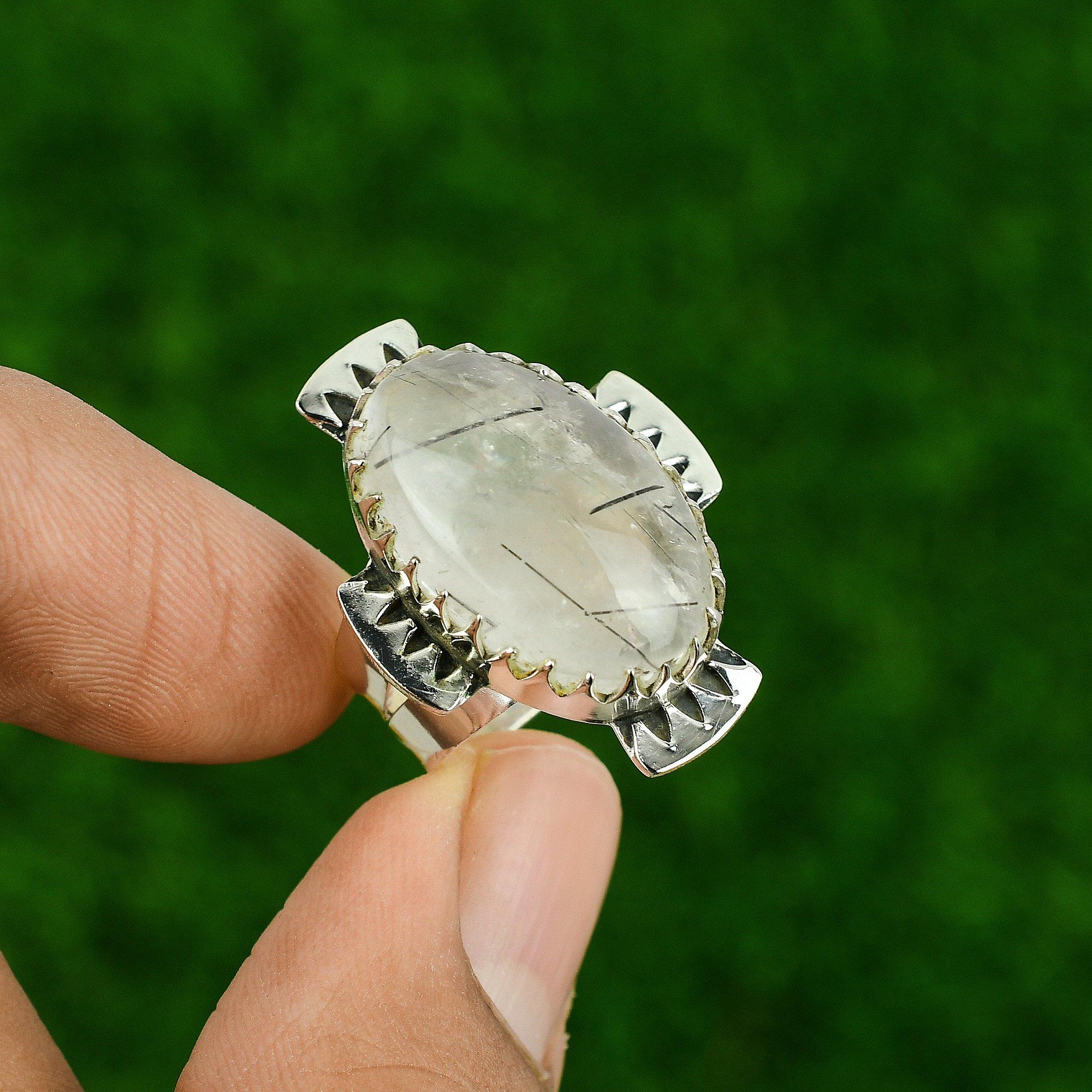 Black Rutile Stone 925 Sterling Silver Promise Bezel Stackable New Ring Size 7