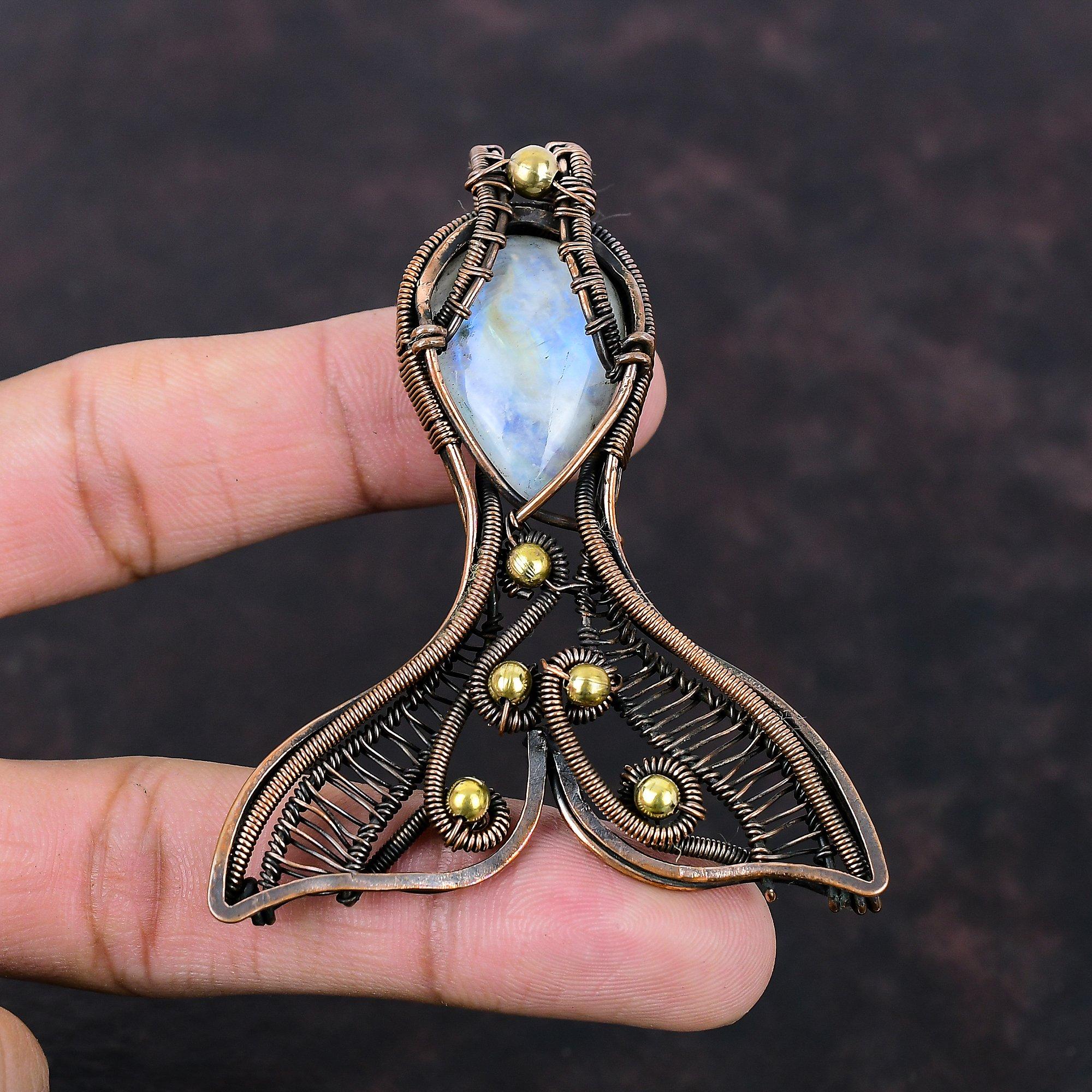 Rainbow Moonstone Pendant Copper Wire Wrapped Gemstone Pendant Fabulous Fish Pendant Handmade Copper Jewelry Designer Pendant Wedding Gifts
