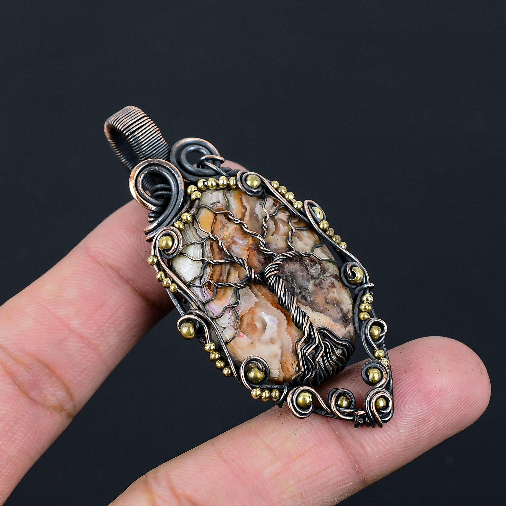 Tree Of Life Crazy Lace Agate Gemstone Pure Copper Wire Wrapped Handmade Pendant Jewelry