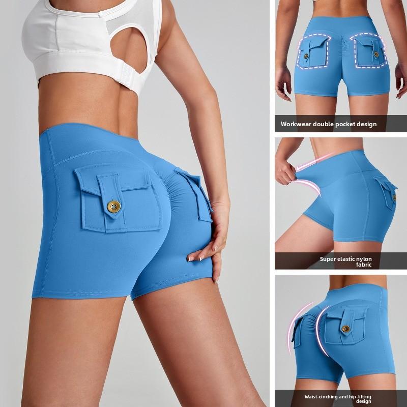 Dámské nákladní jógové šortky s vysokým pasem, design Broskvový zadek, kapsy, 3 body, Šortky na cvičení, Pocit nahoty, Vysoce elastické, Rychleschnoucí, Běžecké šortky
