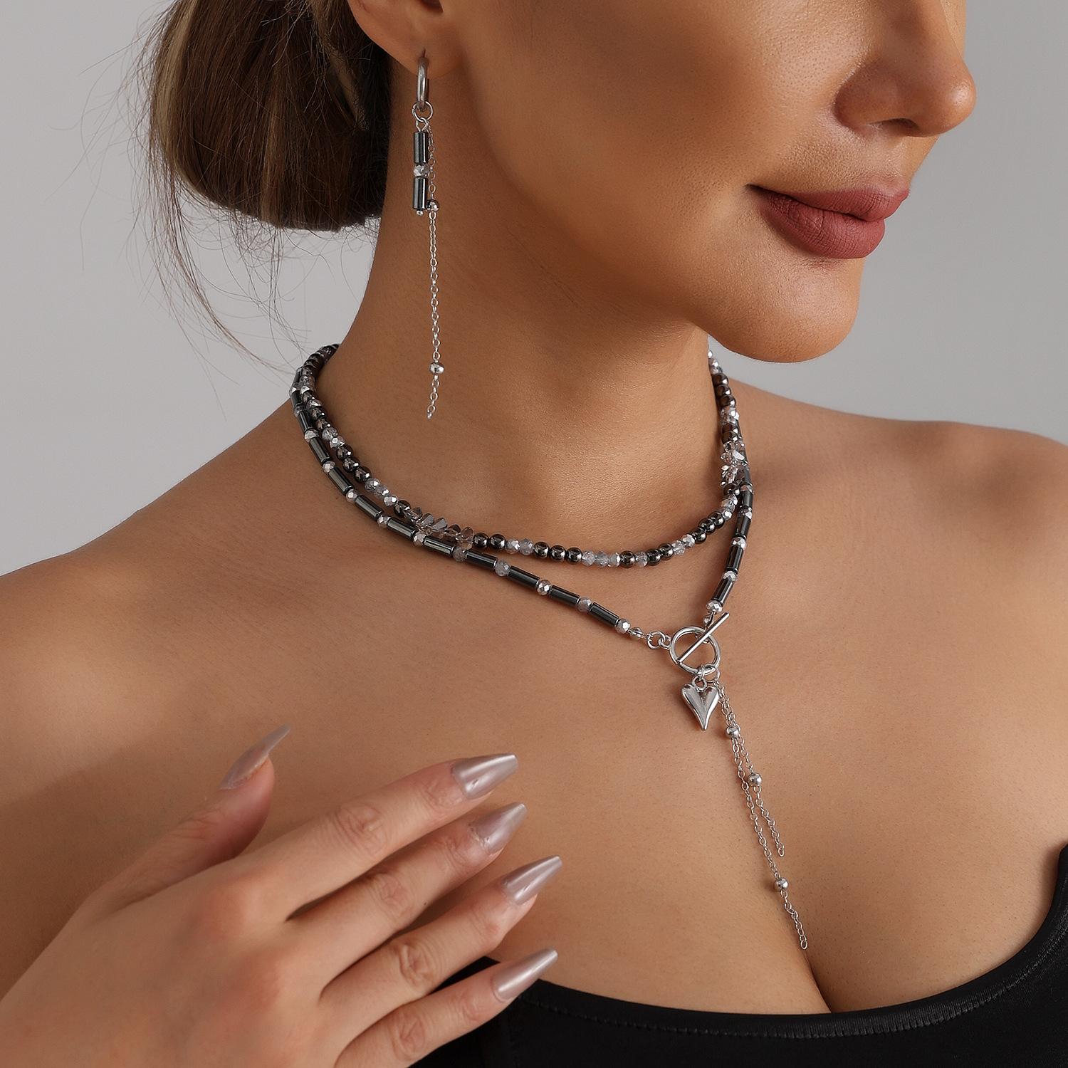 Love Heart Pendant Tassel Necklace for Women Creative Punk Ethnic Beads Earrings Jewelry Gifts