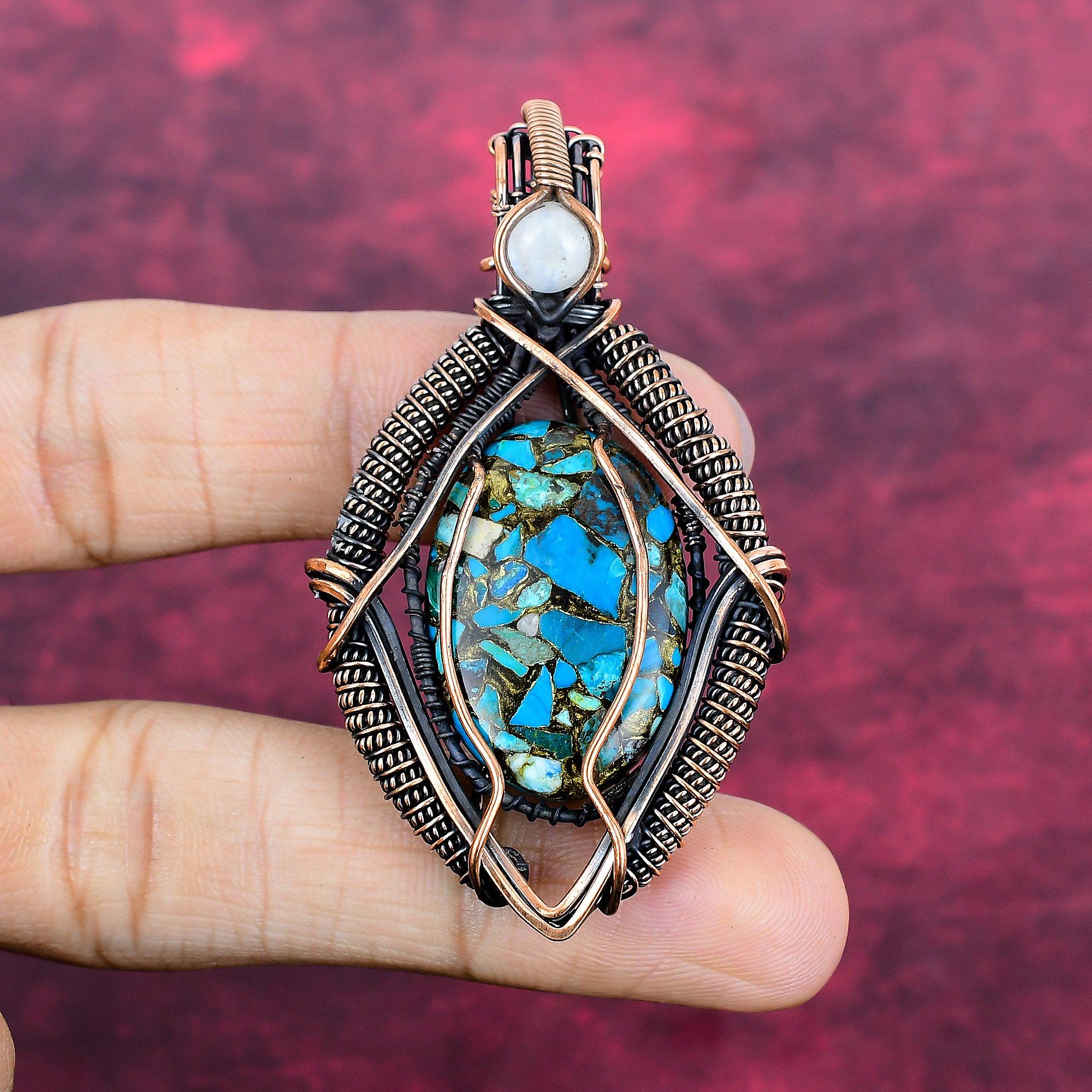 Copper Chrysocolla Pendant Copper Wire Wrapped Moonstone Jewelry Gemstone Pendant