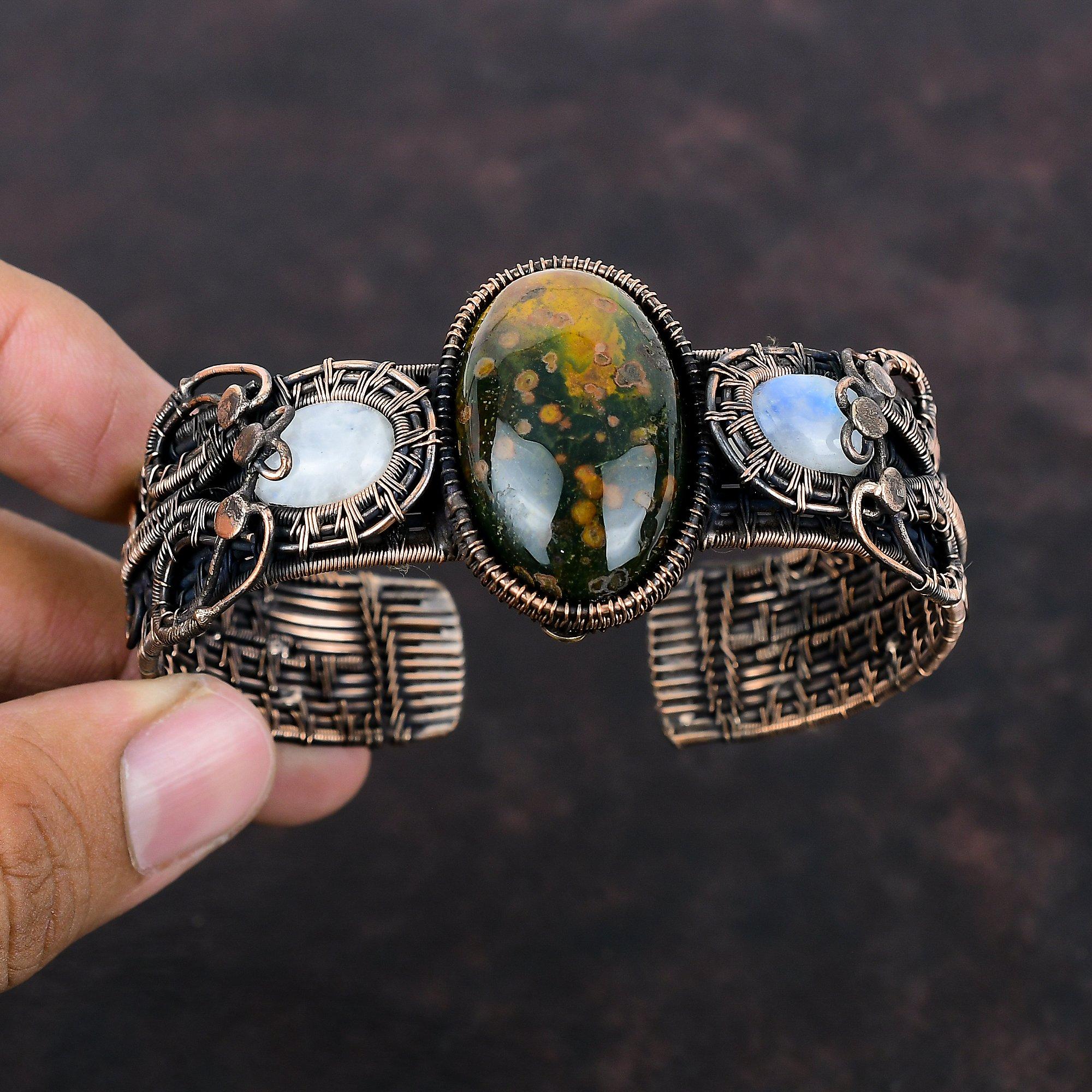 Ocean Jasper Bangle Copper Wire Wrapped Cuff Bracelet Rainbow Moonstone Bangle Handmade Jewelry Gemstone Bangle Adjustable Cuff Gift For Him