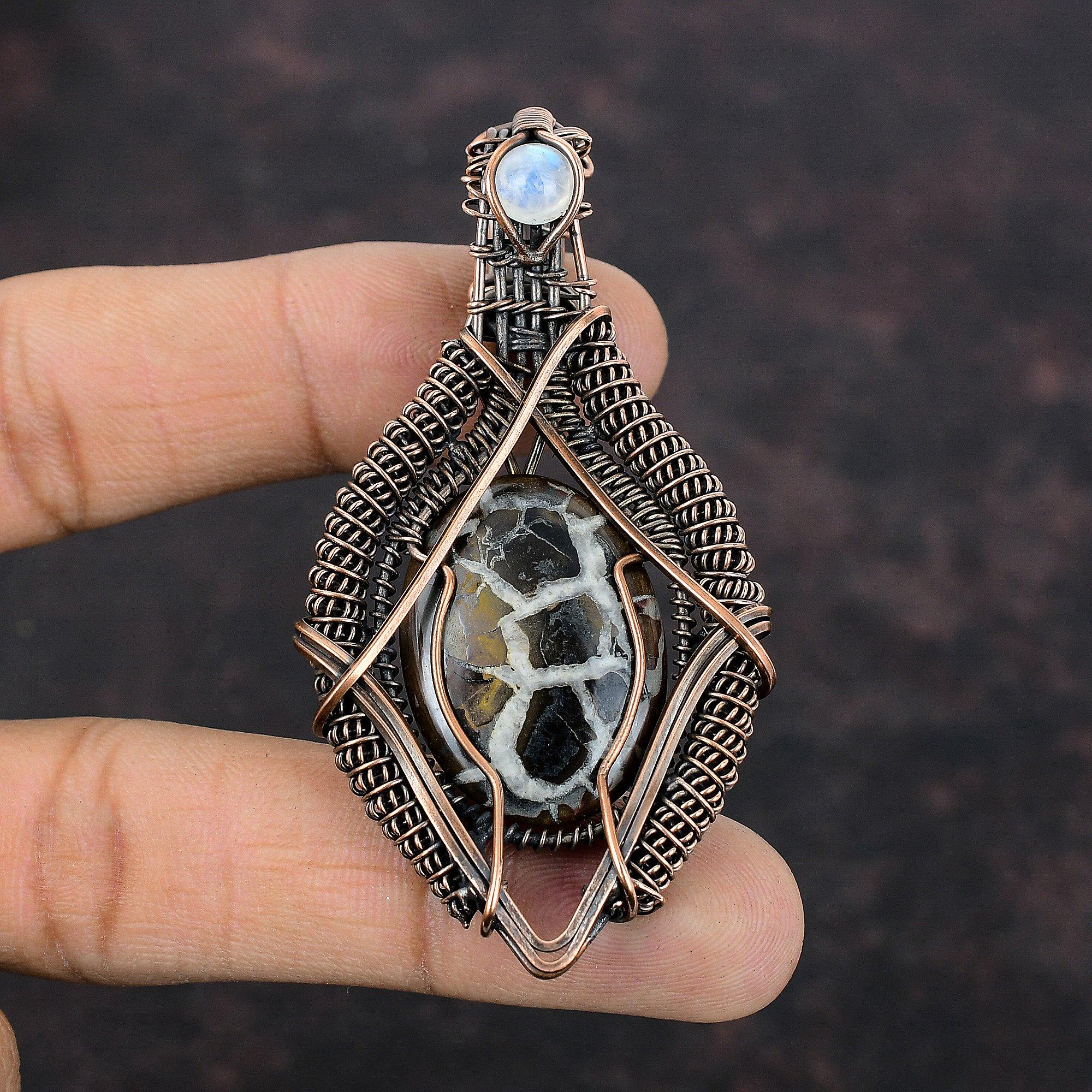 Moroccan Mud Crack Fossil Copper Pendant Wire Wrapped Pendant Handmade Copper Jewelry Moonstone Pendant Dainty Gemstone Jewelry Gift For Her