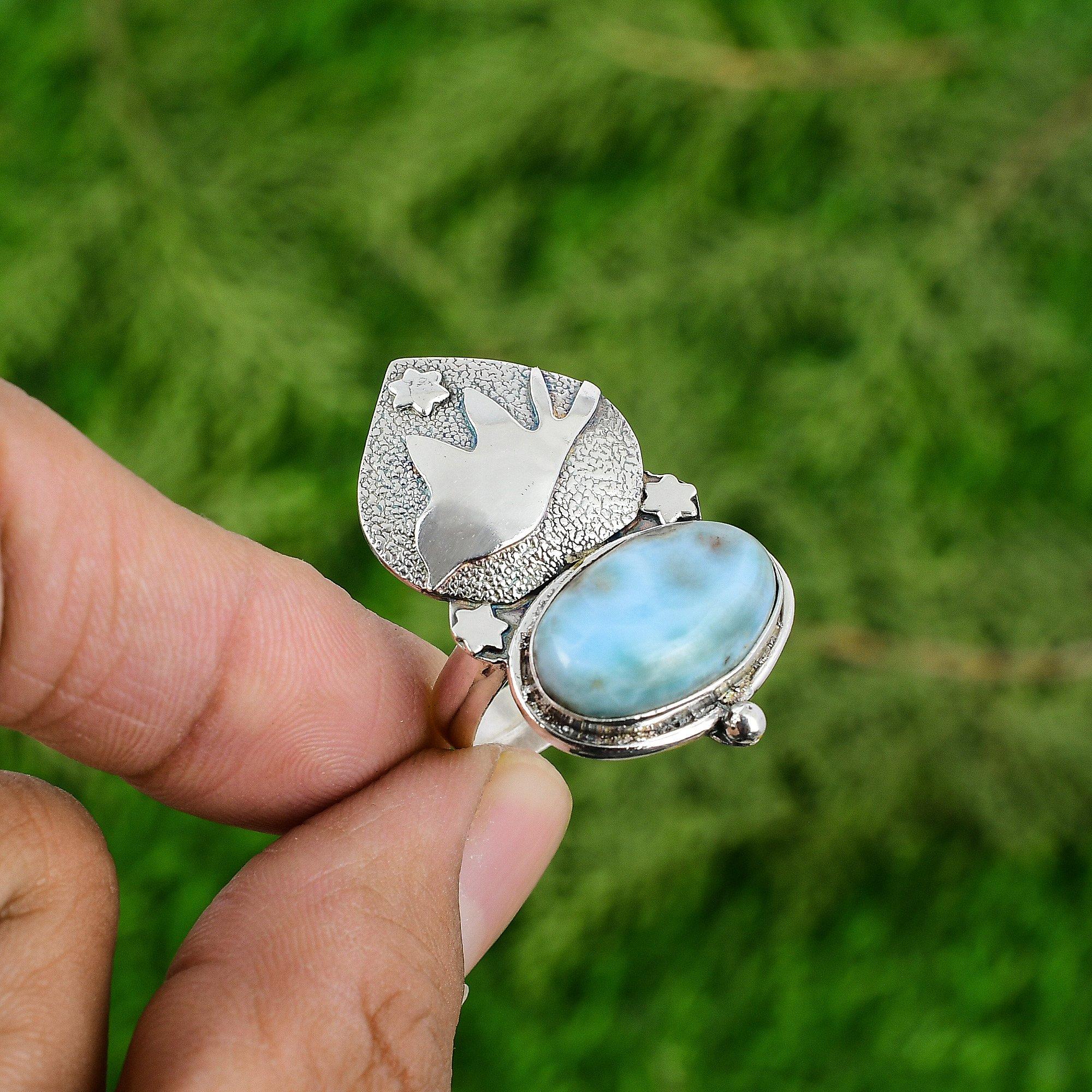 Natural Larimar Gemstone 925 Silver Multi Stone Bird Adjustable Ring For Women
