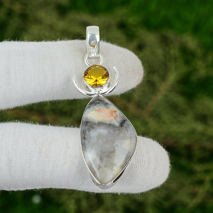 925 Silber Natürlicher Mexikanischer Laguna Spitzenachat Citrin Lünette Boho Anhänger Schmuck