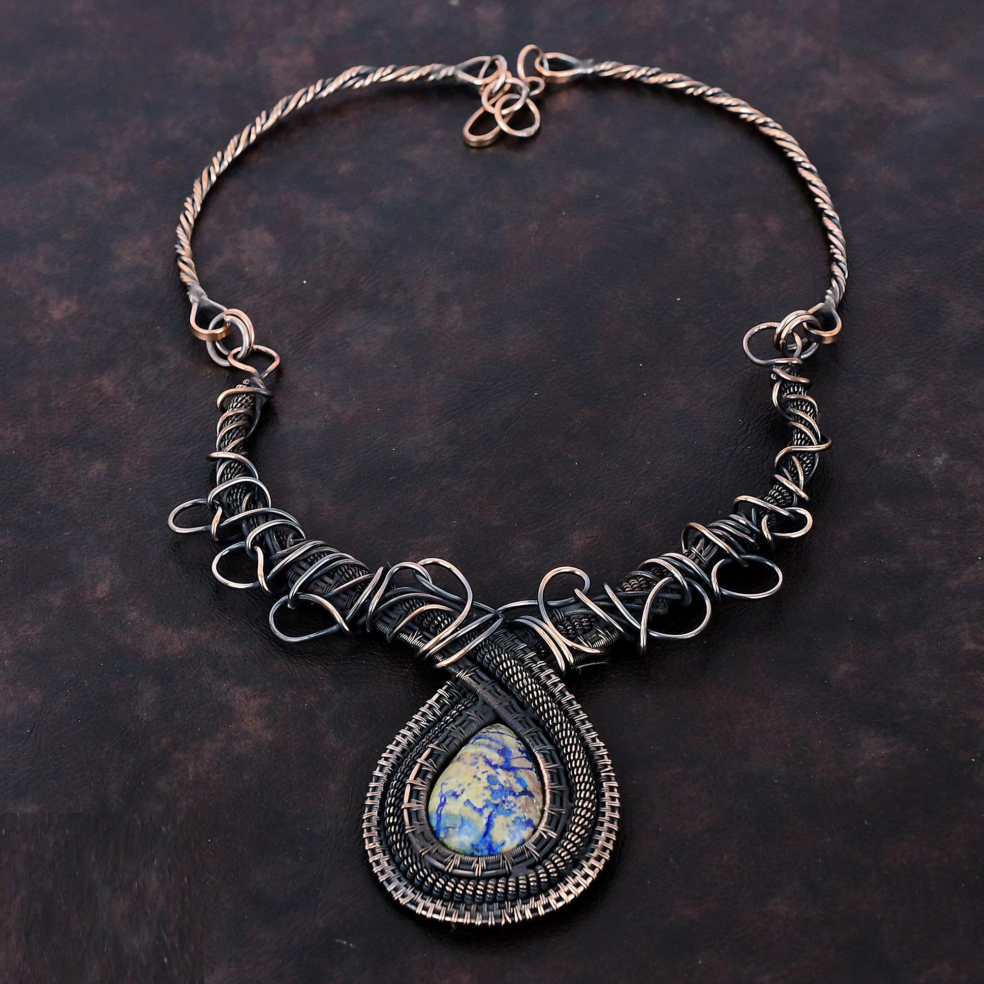 Azurit Malachit Halskette Kupferdraht umwickelt Verstellbare Halskette Kupferschmuck Edelsteinkette zum Geschenk Handgefertigt Drahtumwickelter Schmuck