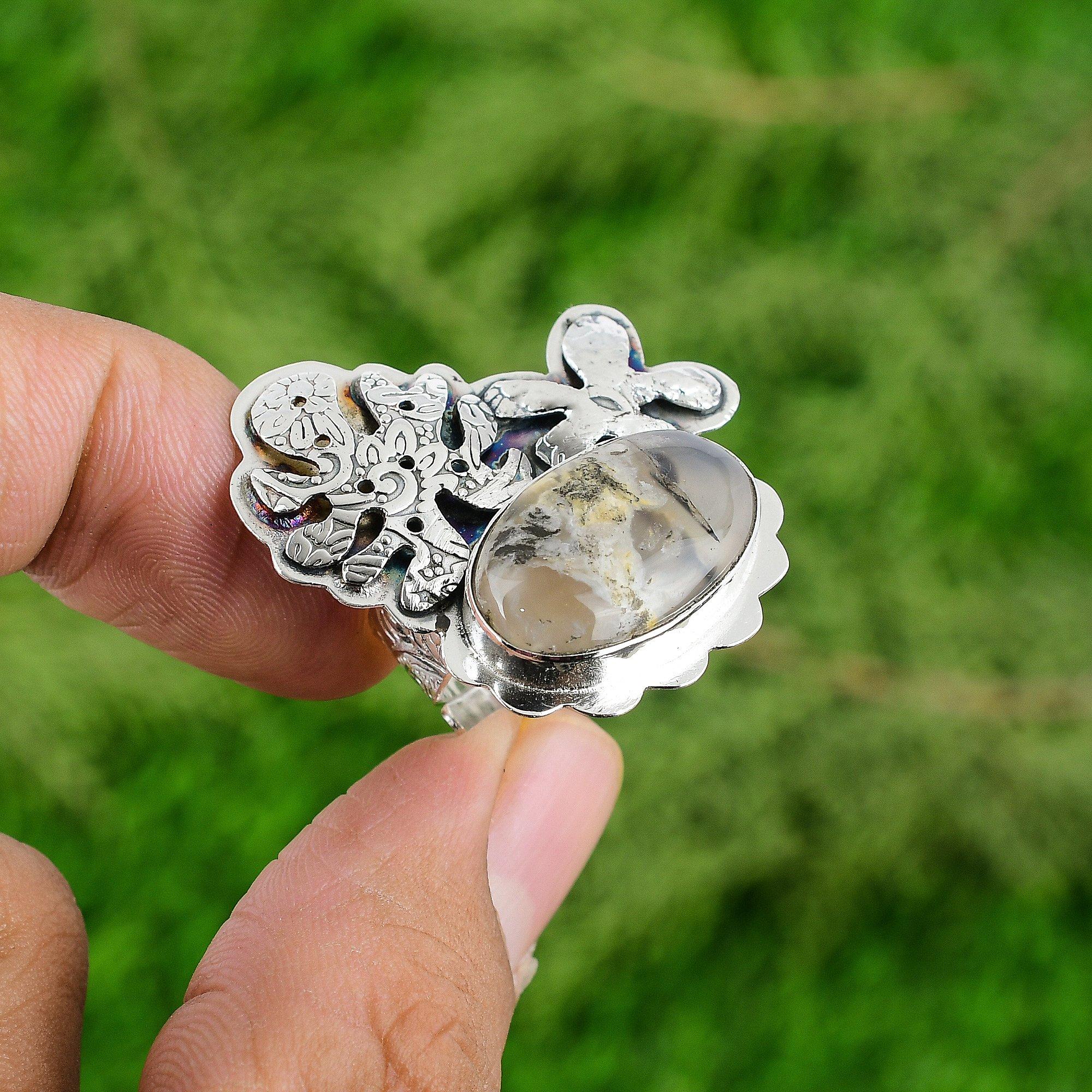 Natural Plume Agate Gemstone Stackable Adjustable Ring 925 Sterling Silver