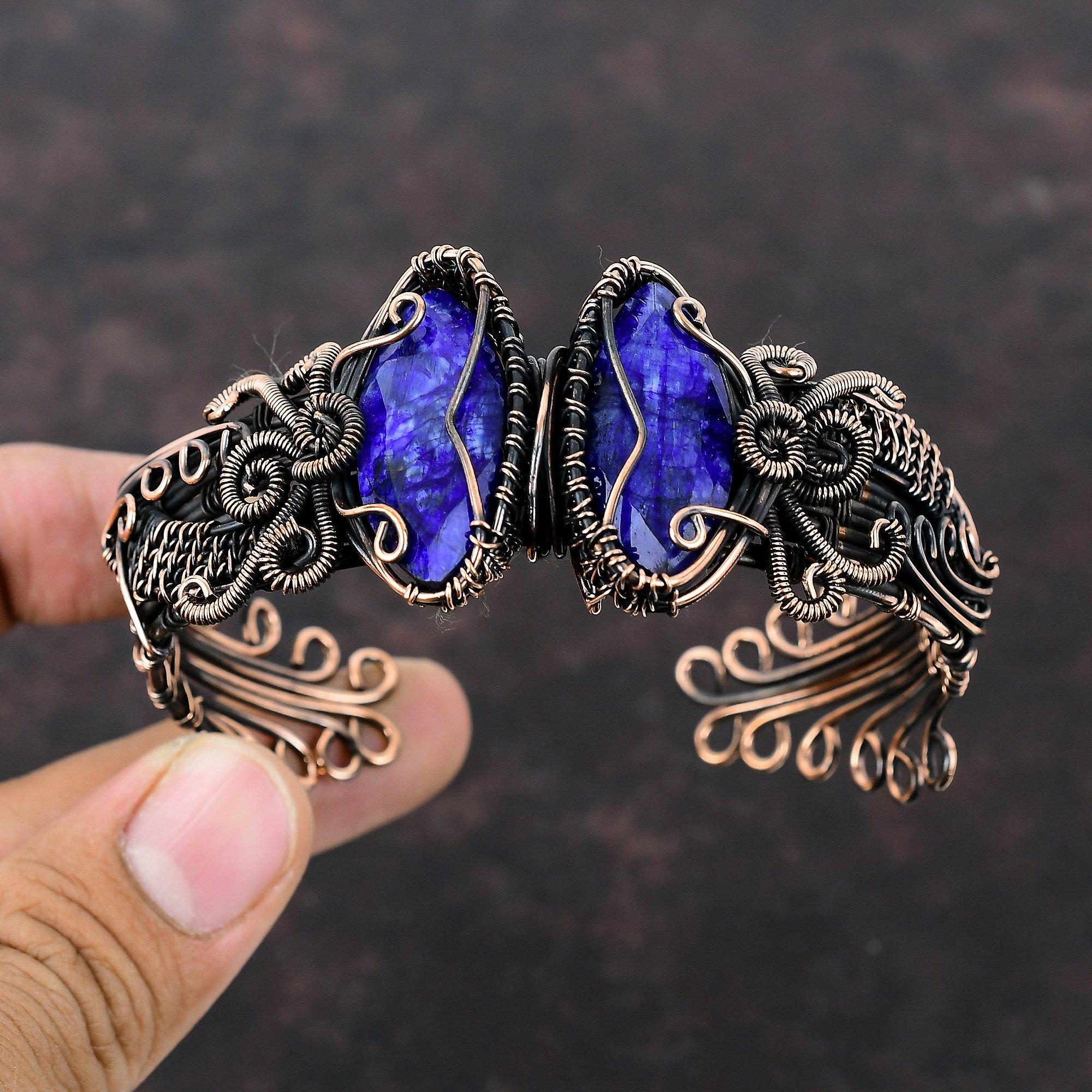 Faceted Blue Sapphire Cuff Bracelet Copper Wire Wrapped Bangle Adjustable Cuff Bracelet Handmade Bangle Gemstone Copper Jewelry Gift For Mom