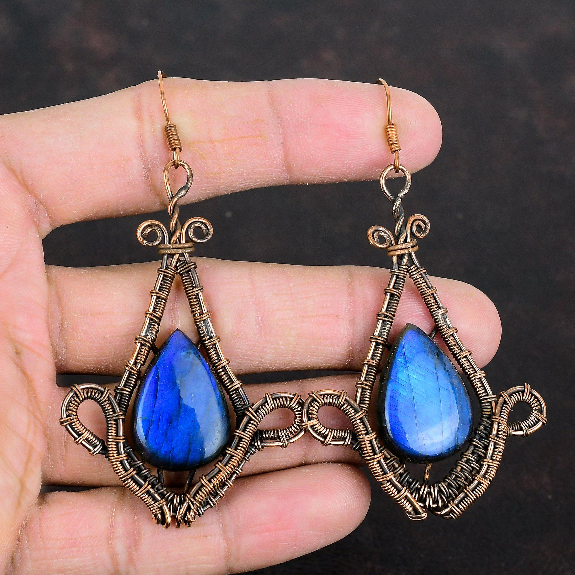 Labradorite Earring Copper Wire Wrapped Gemstone Jewelry Birthstone Earring Handmade Earring Copper Earring Gifts For Her Wire Wrap Earrings
